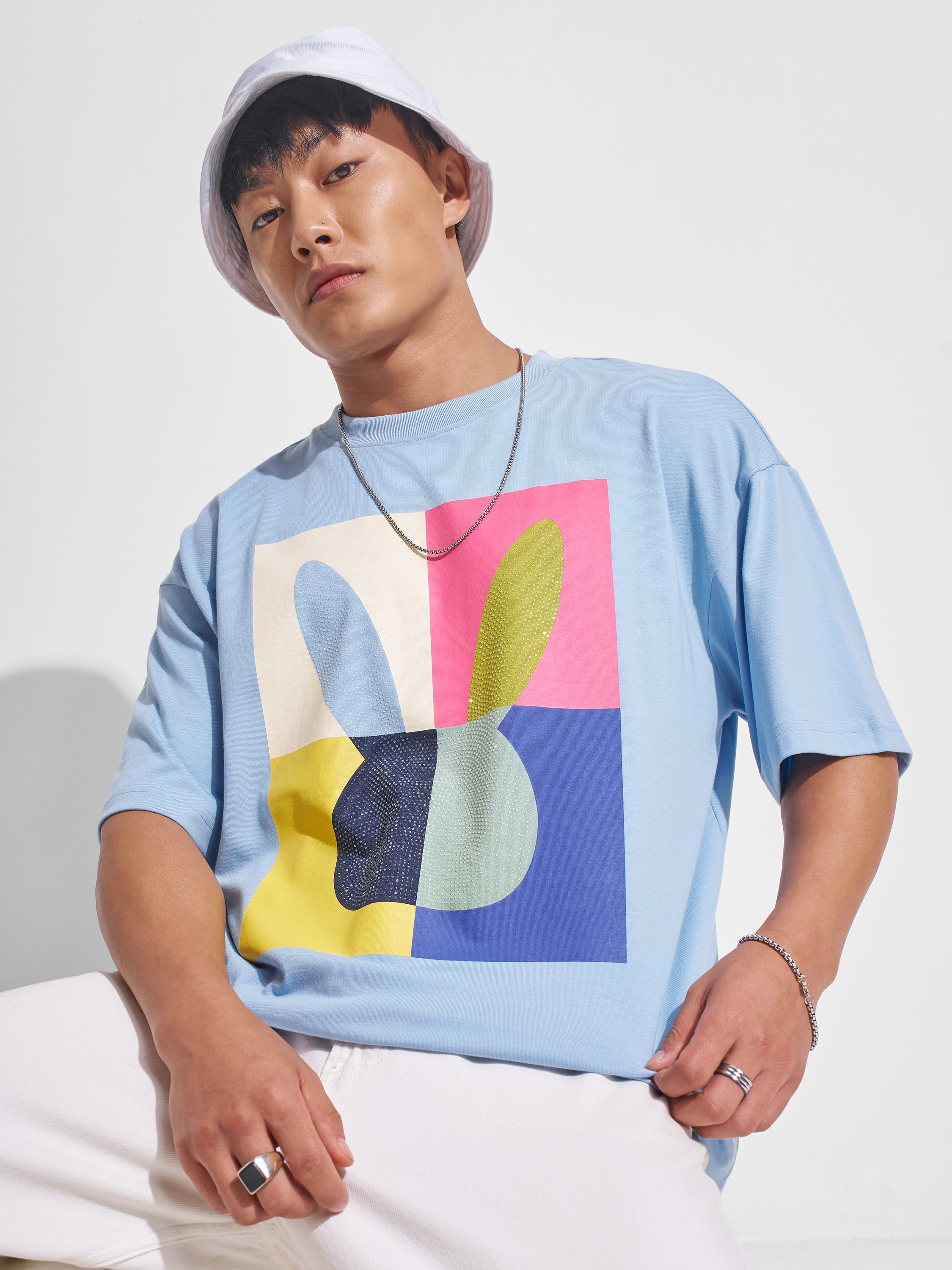 Highlander Men Blue Printed Round Neck Oversized Fit T-Shirt - Blue - Image 1