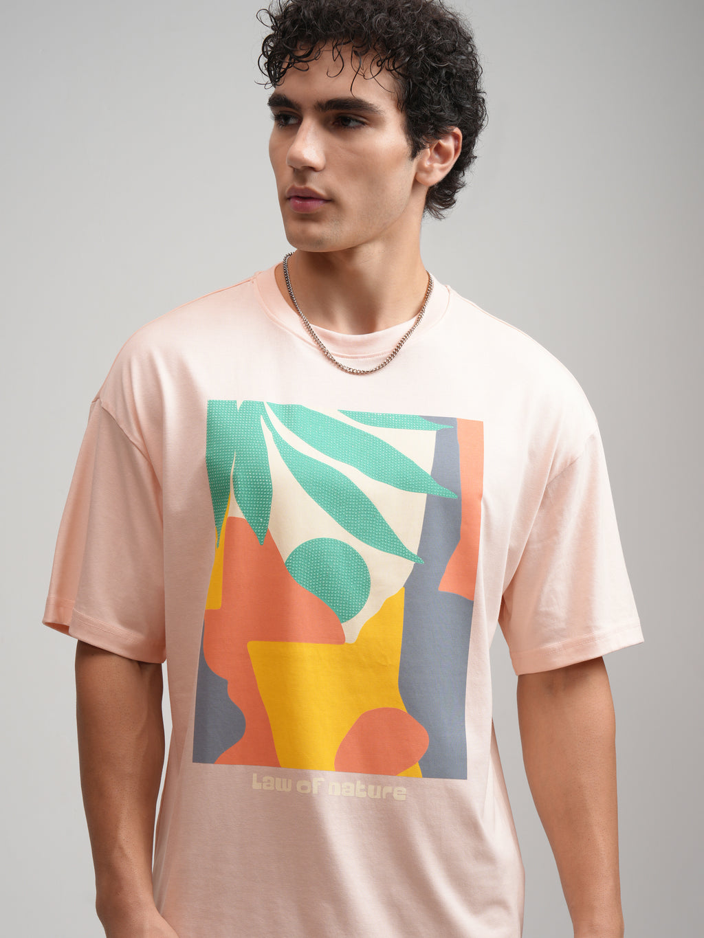 Highlander Men Peach Printed Round Neck Oversized Fit T-Shirt - Peach - Image 1
