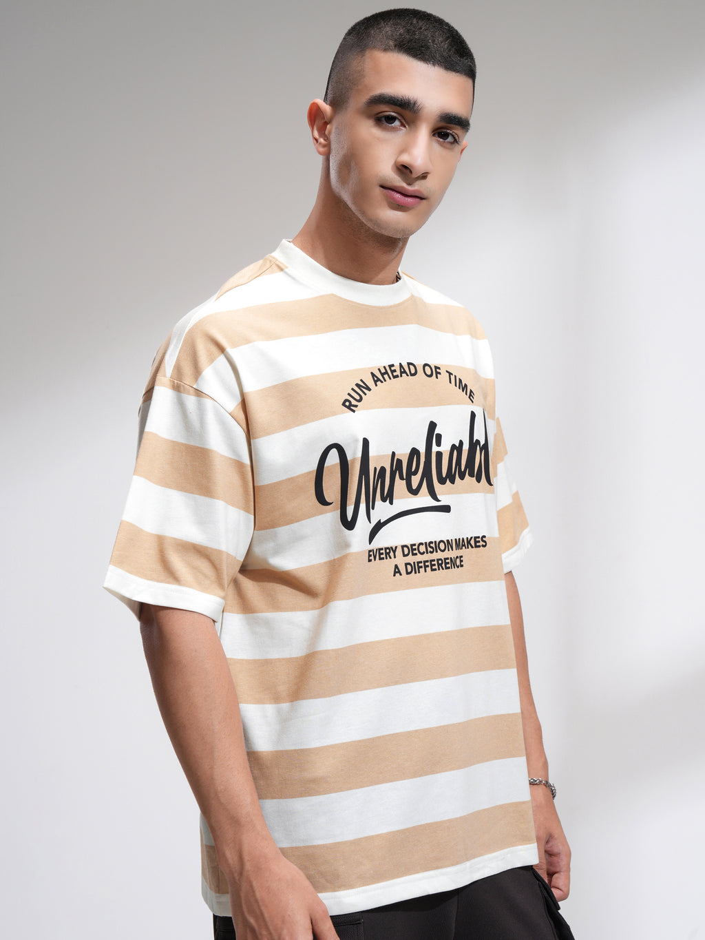 Highlander Men Beige Printed Round Neck Oversized Fit T-Shirt - Beige - Image 6