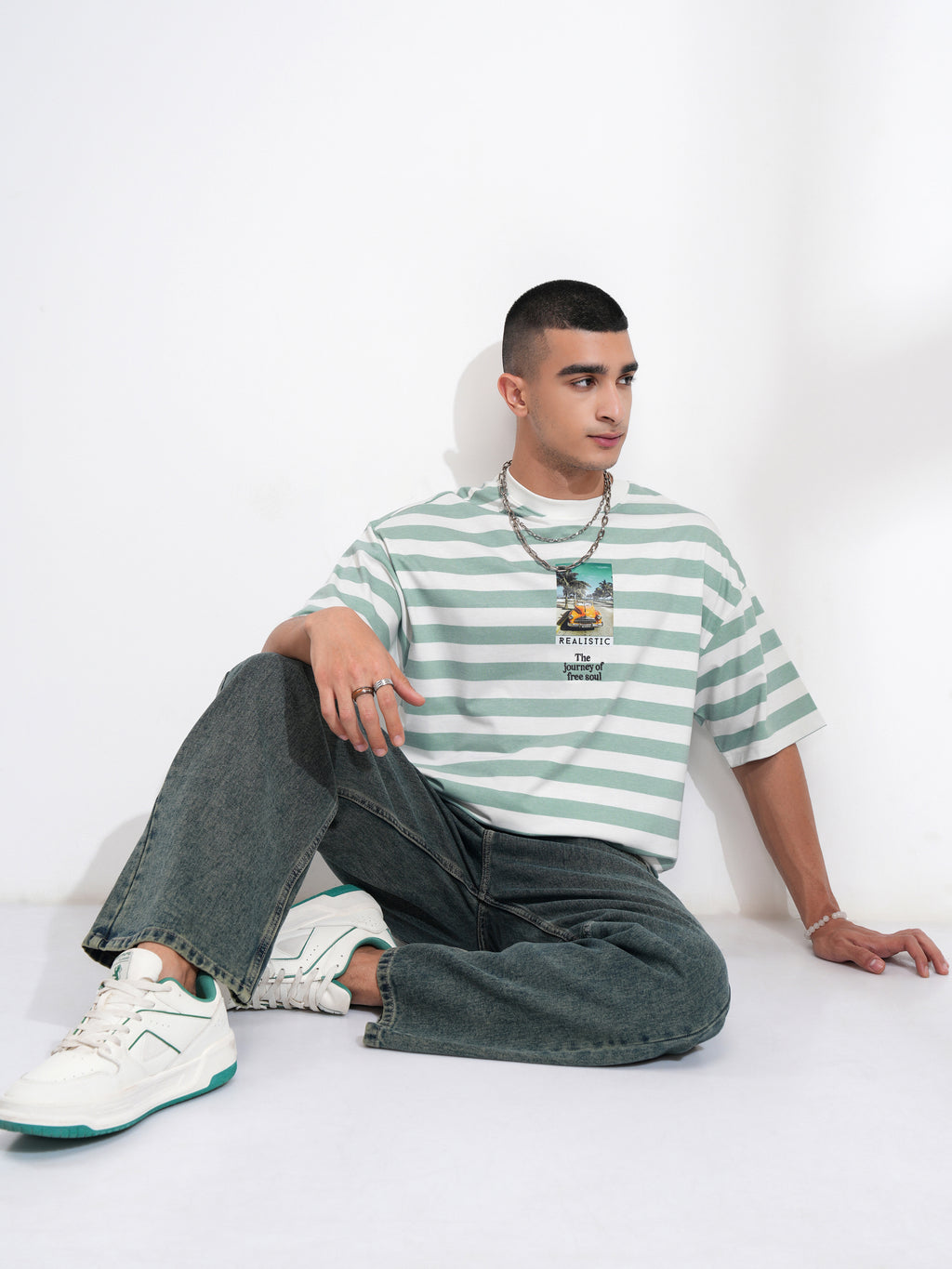 Highlander Men Sea Green Printed Round Neck Oversized Fit T-Shirt - Sea Green - Image 2