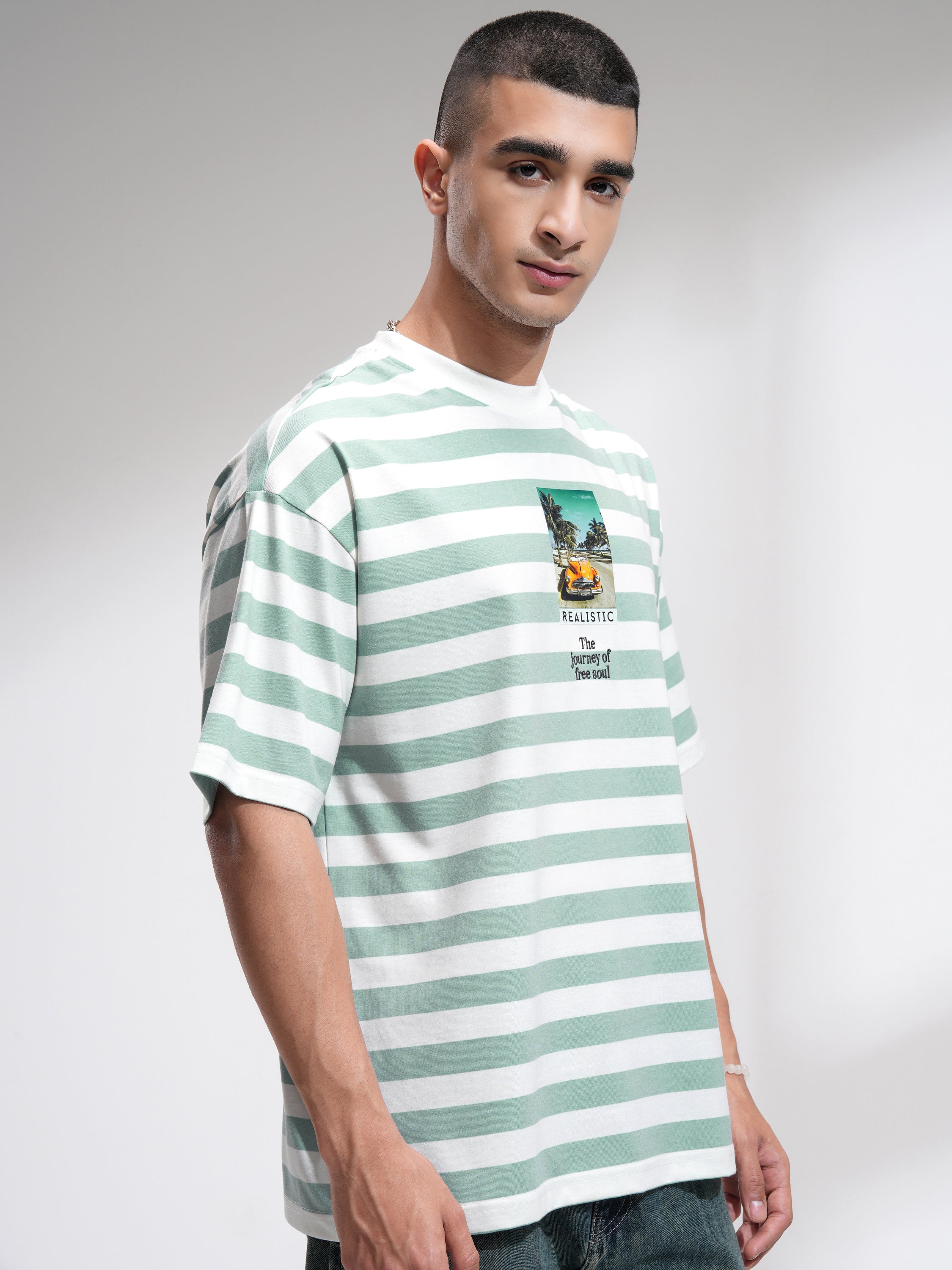 Highlander Men Sea Green Printed Round Neck Oversized Fit T-Shirt - Sea Green - Image 6
