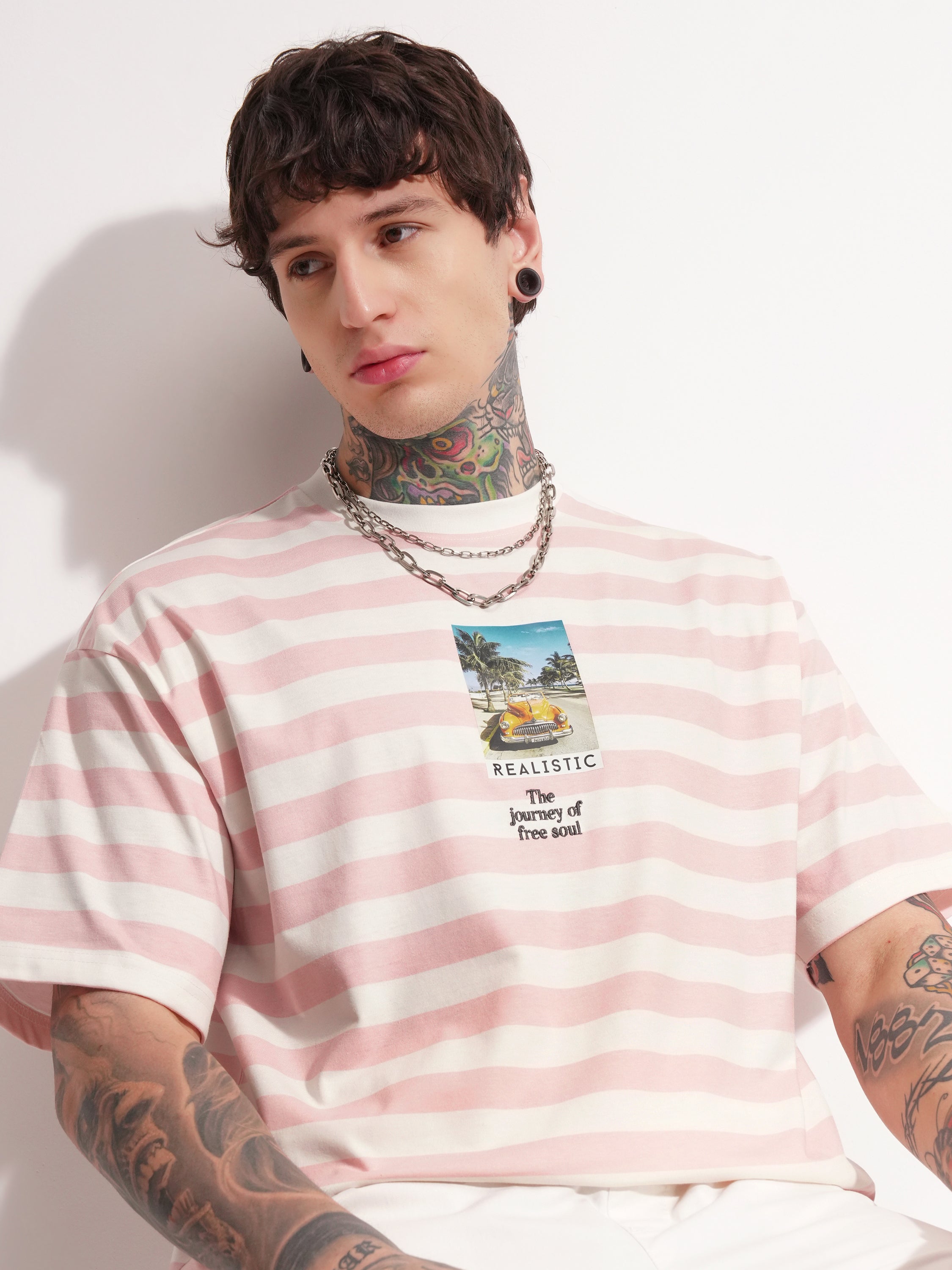 Highlander Men Pink Printed Round Neck Oversized Fit T-Shirt - Pink - Image 1