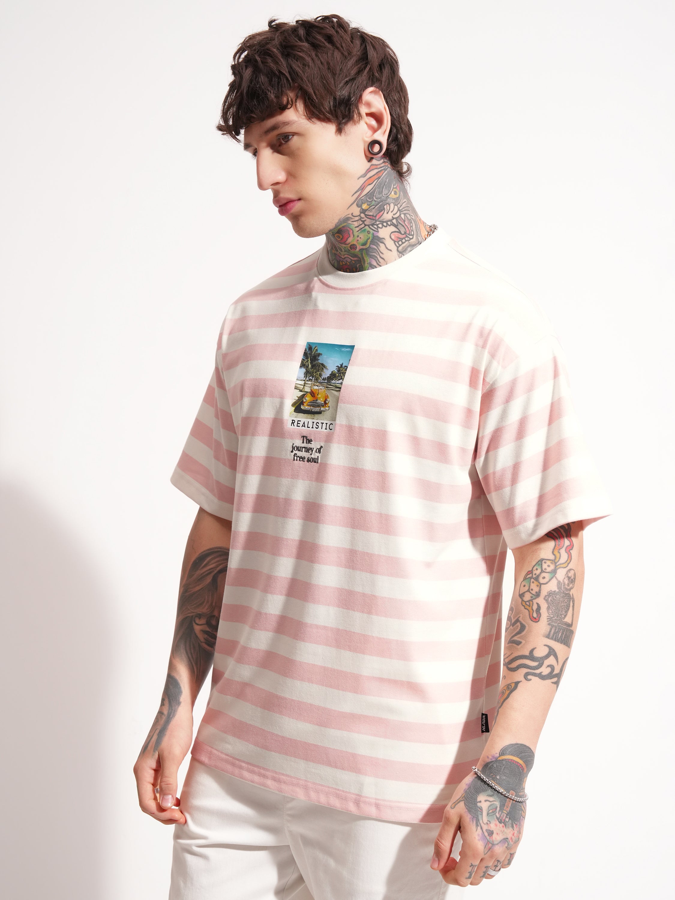 Highlander Men Pink Printed Round Neck Oversized Fit T-Shirt - Pink - Image 4