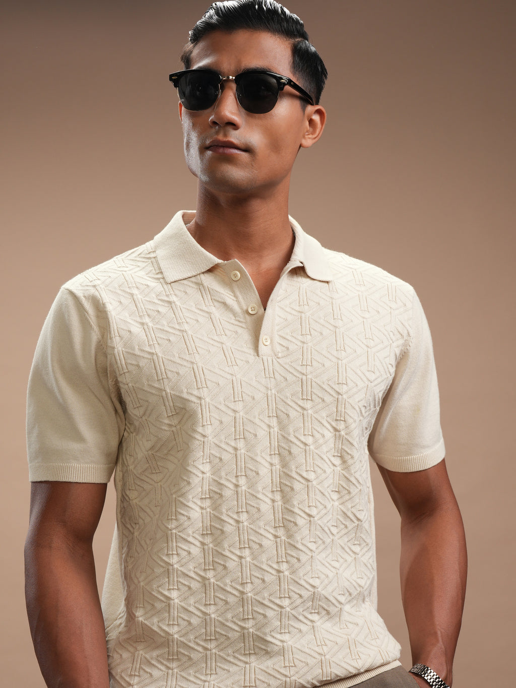 Highlander Men Beige Self Design Polo Collar T-Shirt - Beige - Image 1