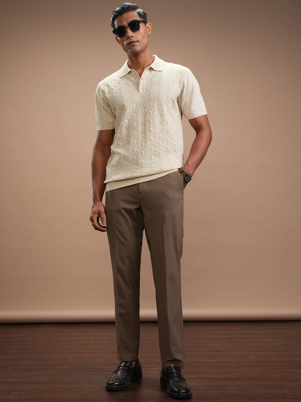 Highlander Men Beige Self Design Polo Collar T-Shirt - Beige - Image 2