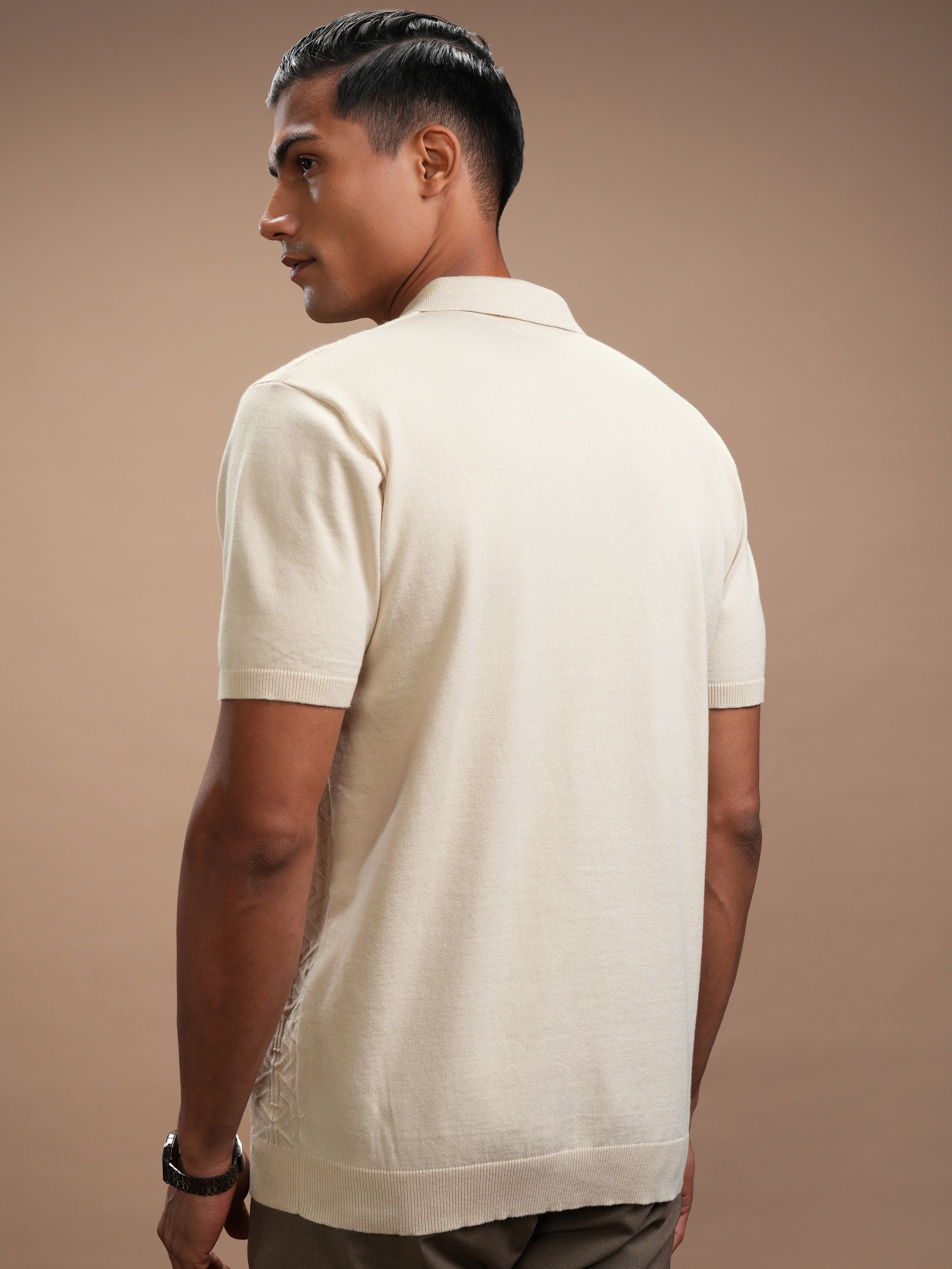 Highlander Men Beige Self Design Polo Collar T-Shirt - Beige - Image 3