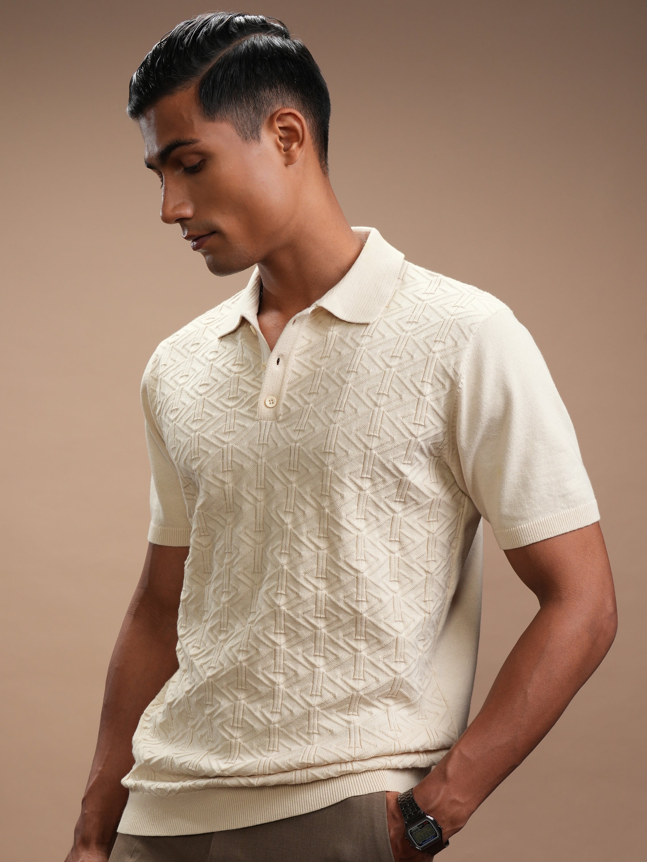 Highlander Men Beige Self Design Polo Collar T-Shirt - Beige - Image 4