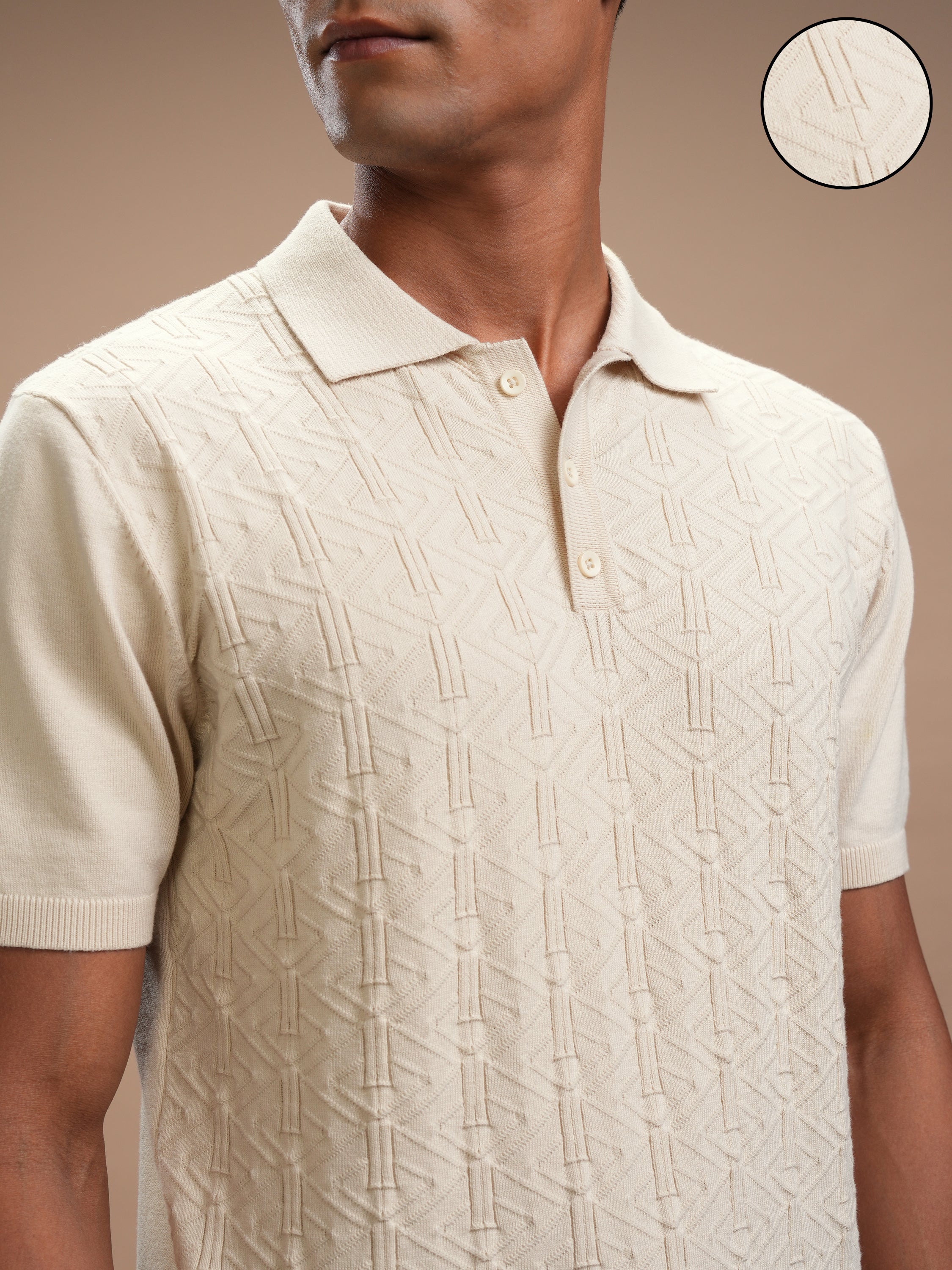 Highlander Men Beige Self Design Polo Collar T-Shirt - Beige - Image 5
