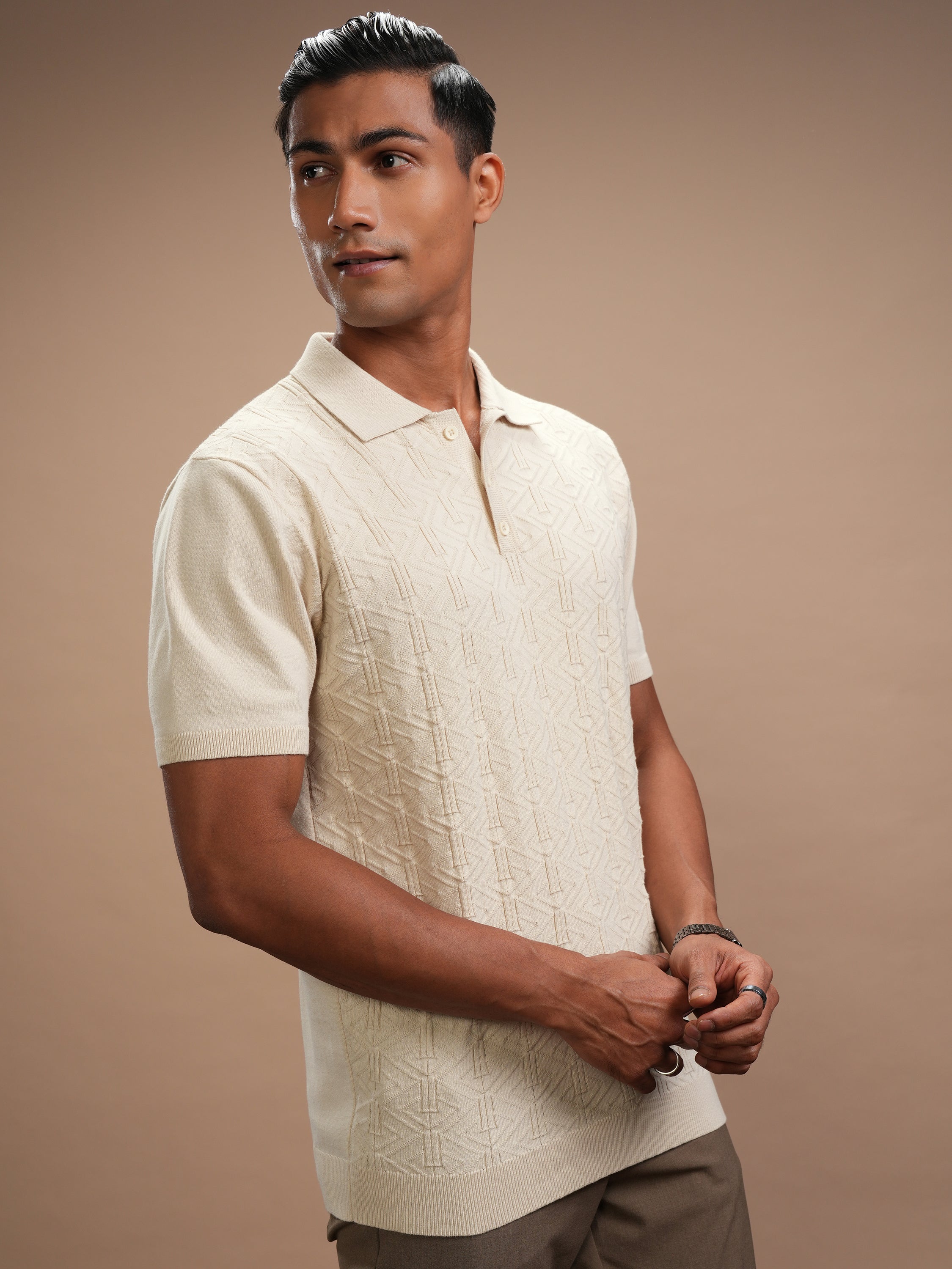Highlander Men Beige Self Design Polo Collar T-Shirt - Beige - Image 6