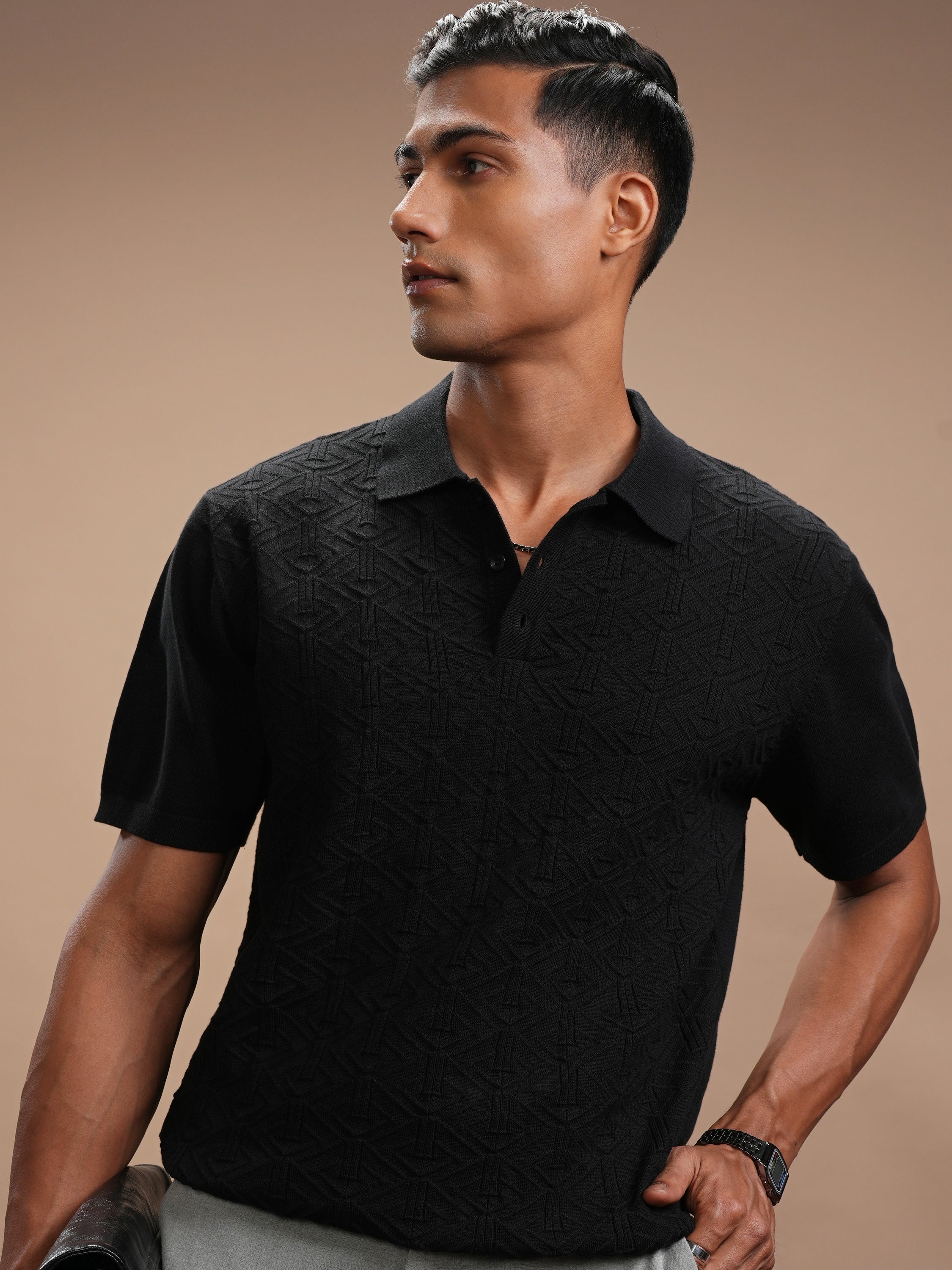 Highlander Men Black Self Design Polo Collar T-Shirt - Black - Image 1