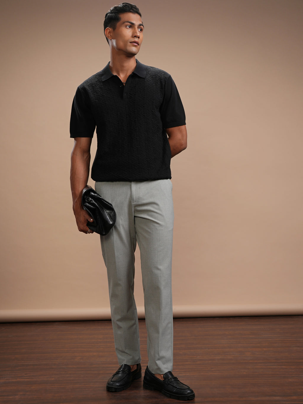 Highlander Men Black Self Design Polo Collar T-Shirt - Black - Image 2