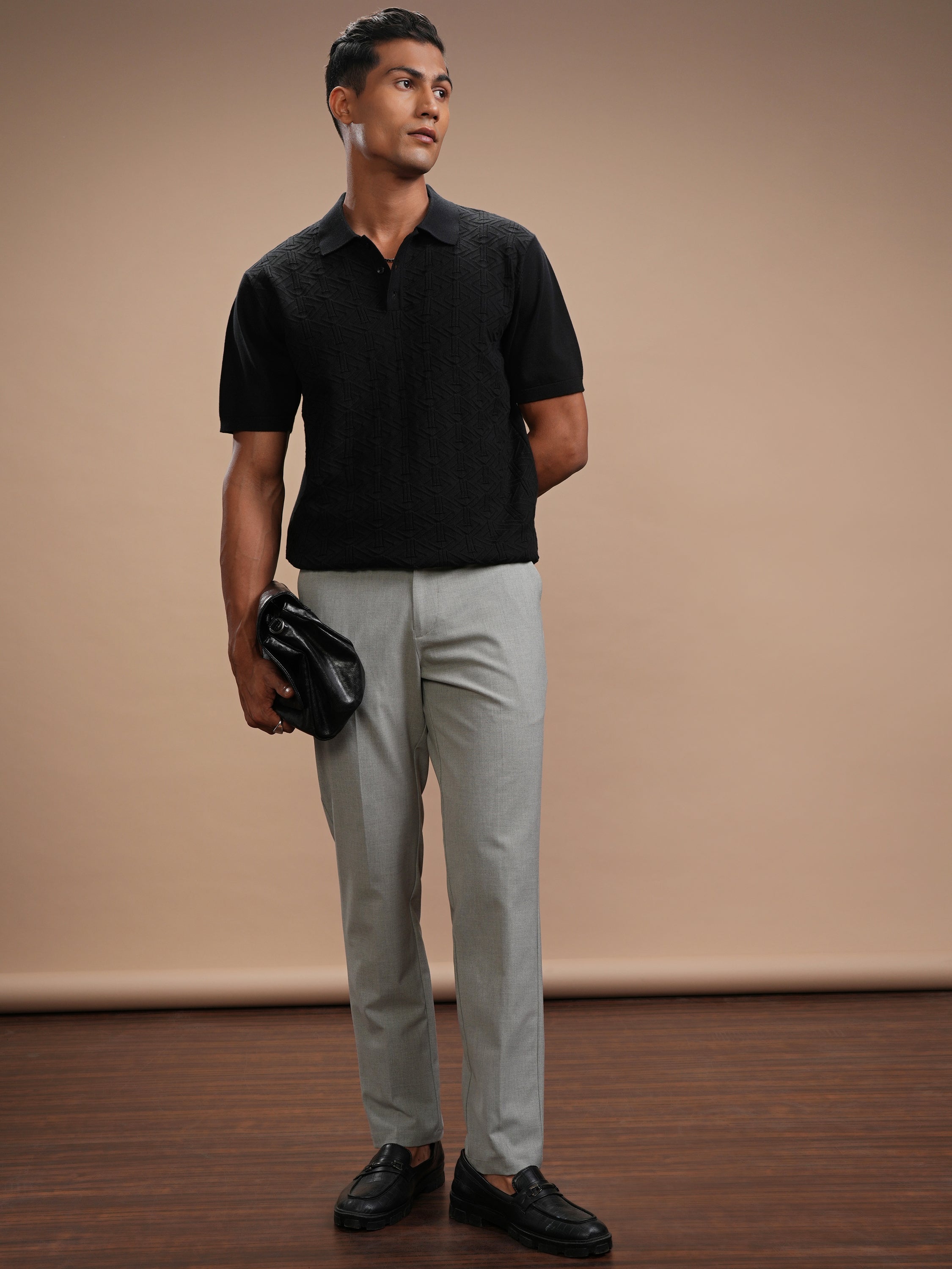 Highlander Men Black Self Design Polo Collar T-Shirt - Black - Image 2