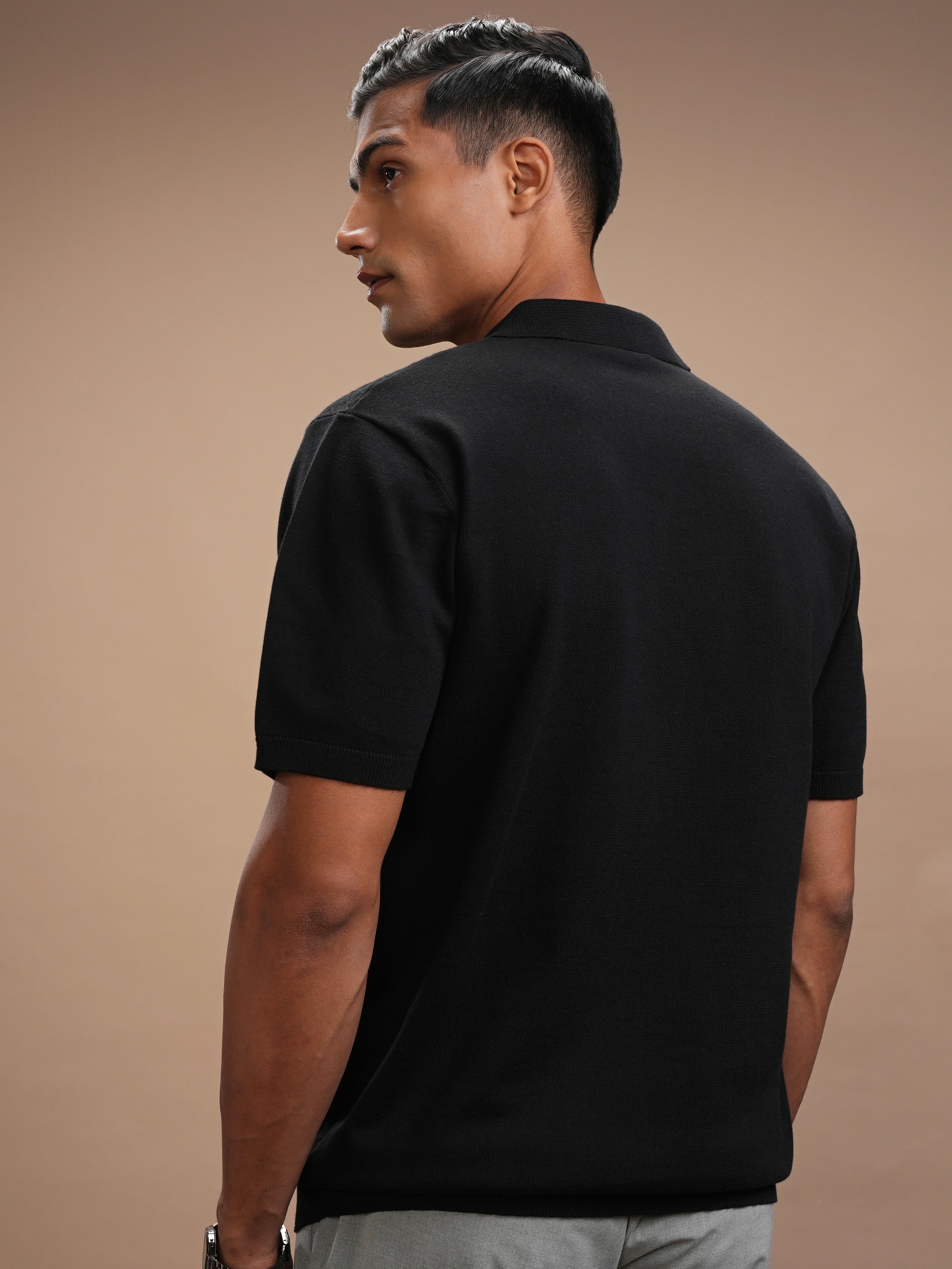 Highlander Men Black Self Design Polo Collar T-Shirt - Black - Image 3