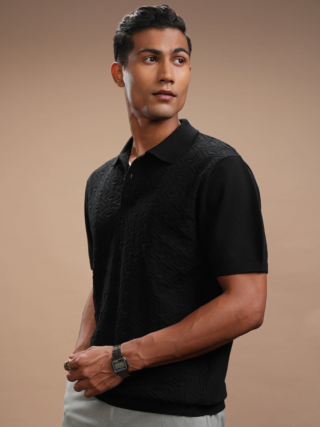 Highlander Men Black Self Design Polo Collar T-Shirt - Black - Image 4
