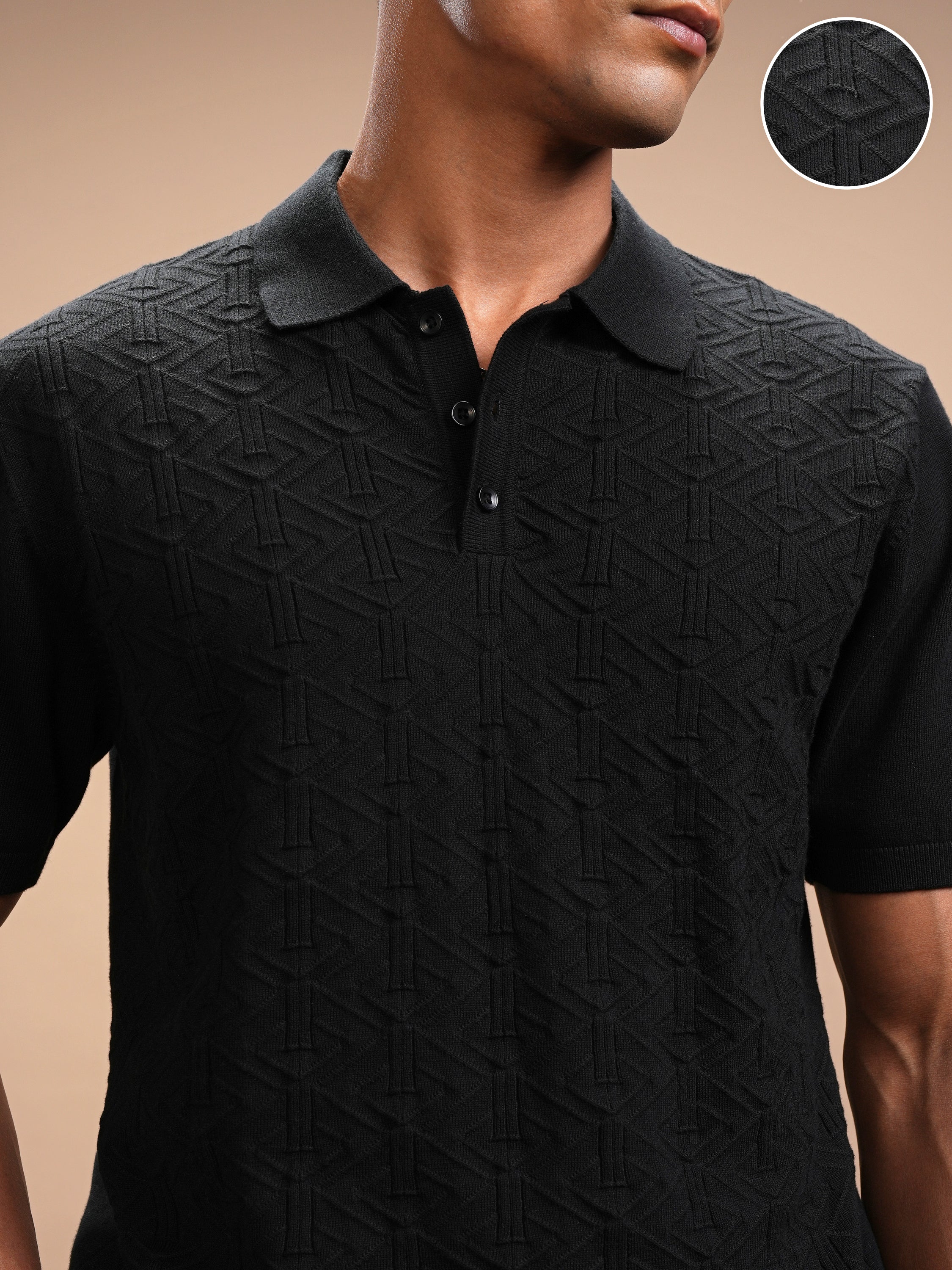 Highlander Men Black Self Design Polo Collar T-Shirt - Black - Image 5