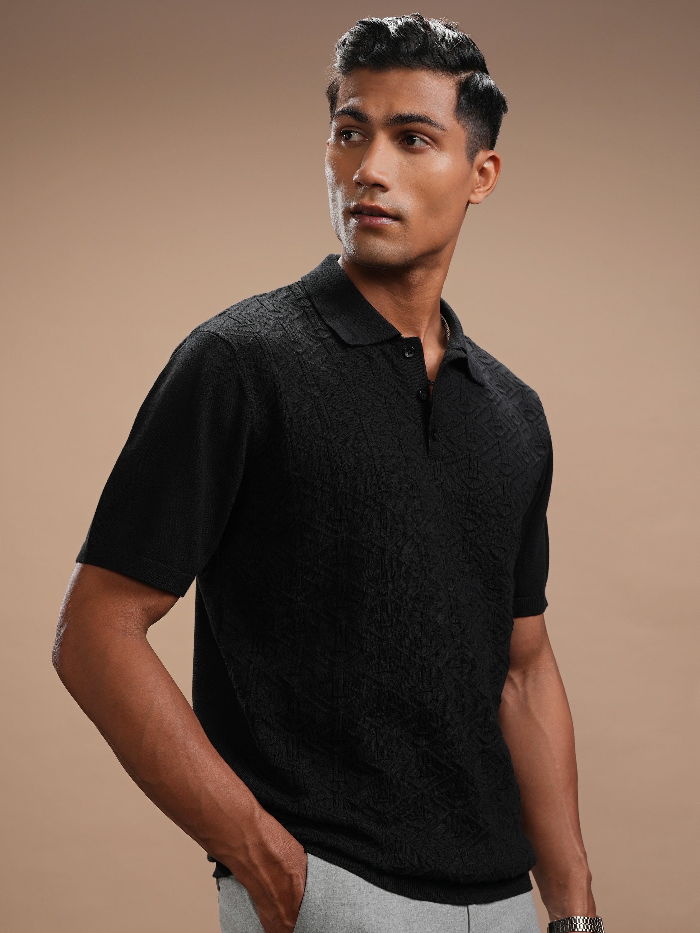 Highlander Men Black Self Design Polo Collar T-Shirt - Black - Image 6