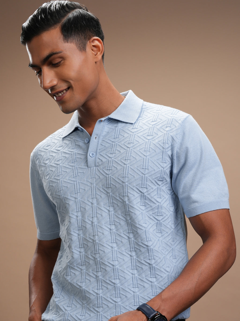 Highlander Men Blue Self Design Polo Collar T-Shirt - Blue - Image 1
