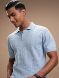 Highlander Men Blue Self Design Polo Collar T-Shirt - Blue - Image 1