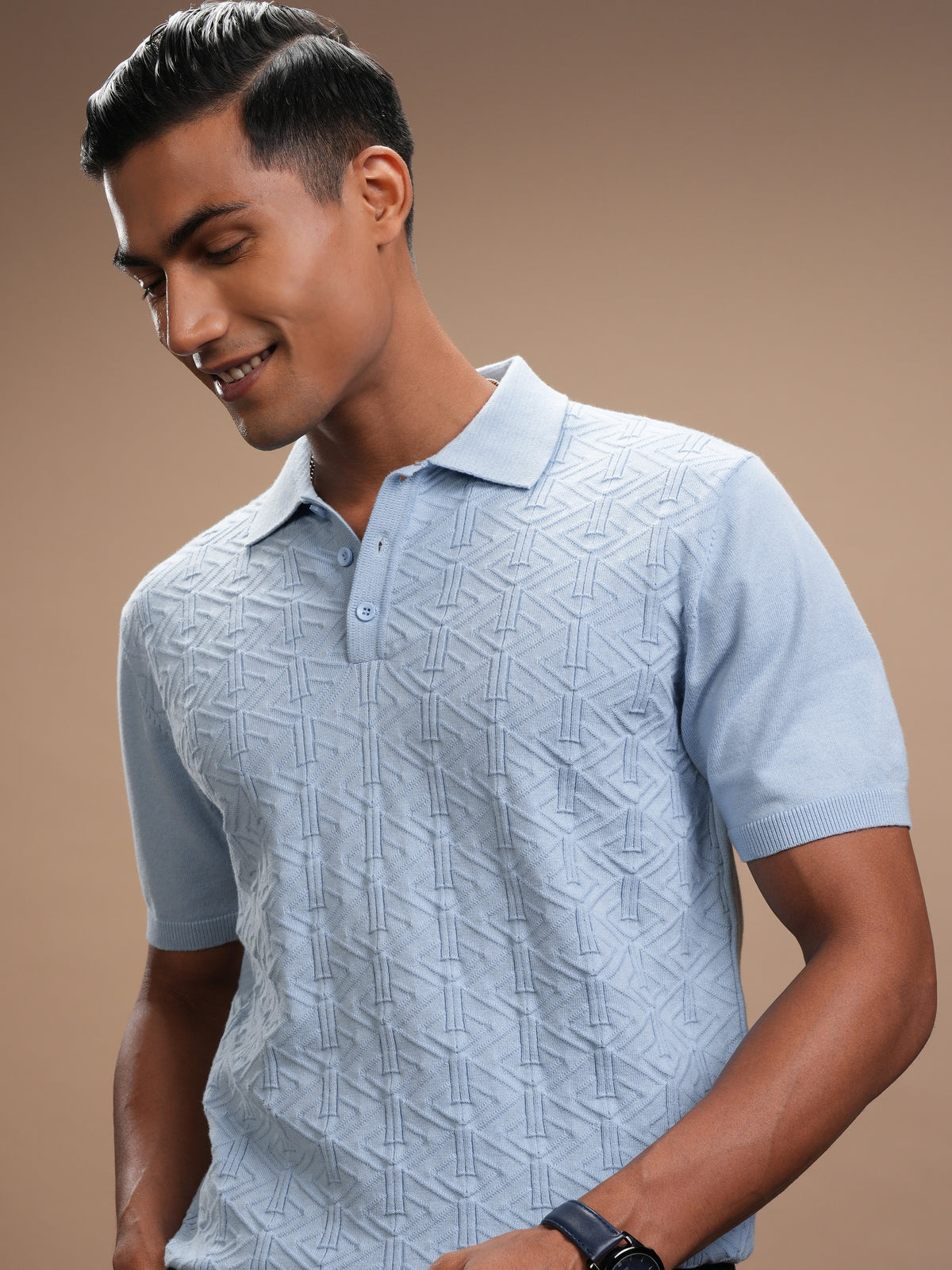 Highlander Men Blue Self Design Polo Collar T-Shirt - Blue - Image 1