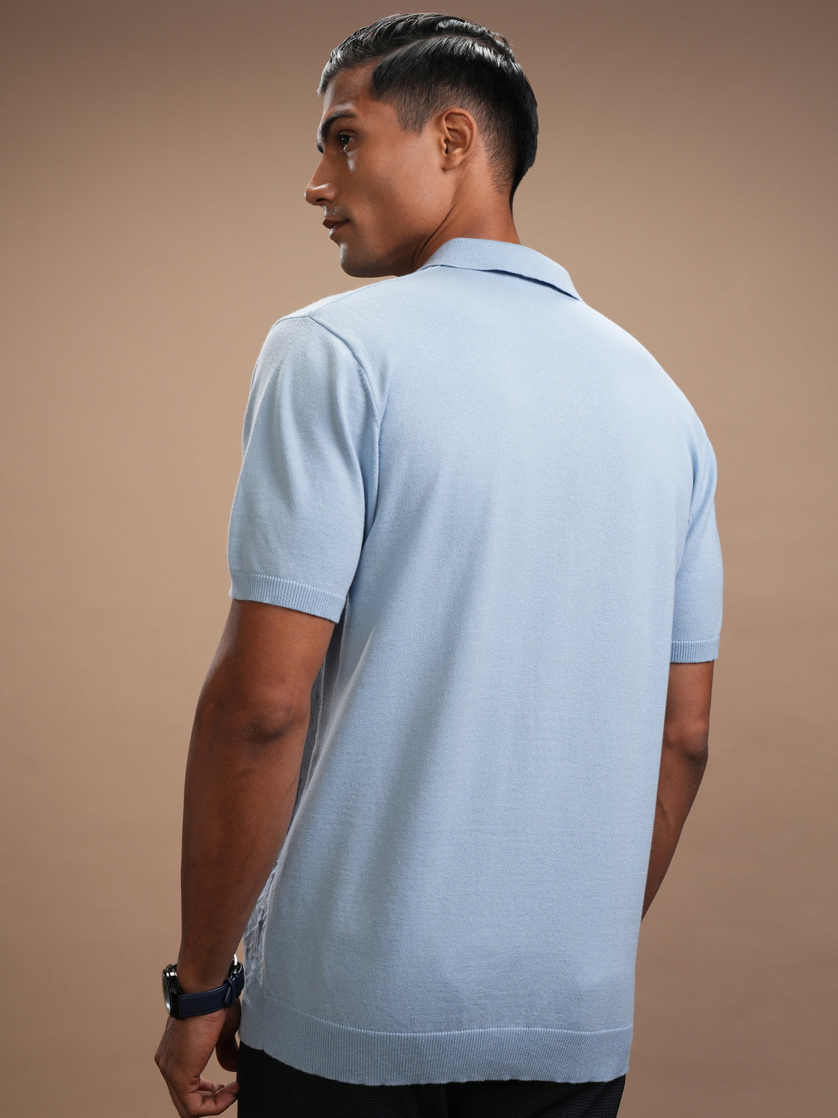 Highlander Men Blue Self Design Polo Collar T-Shirt - Blue - Image 3