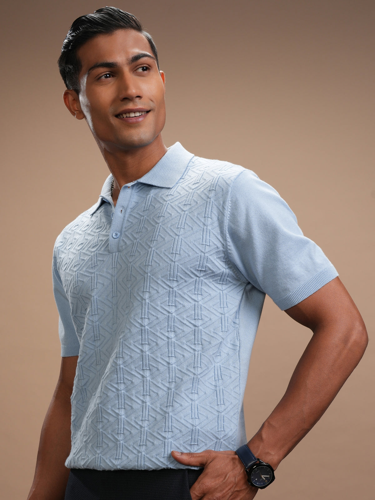 Highlander Men Blue Self Design Polo Collar T-Shirt - Blue - Image 4