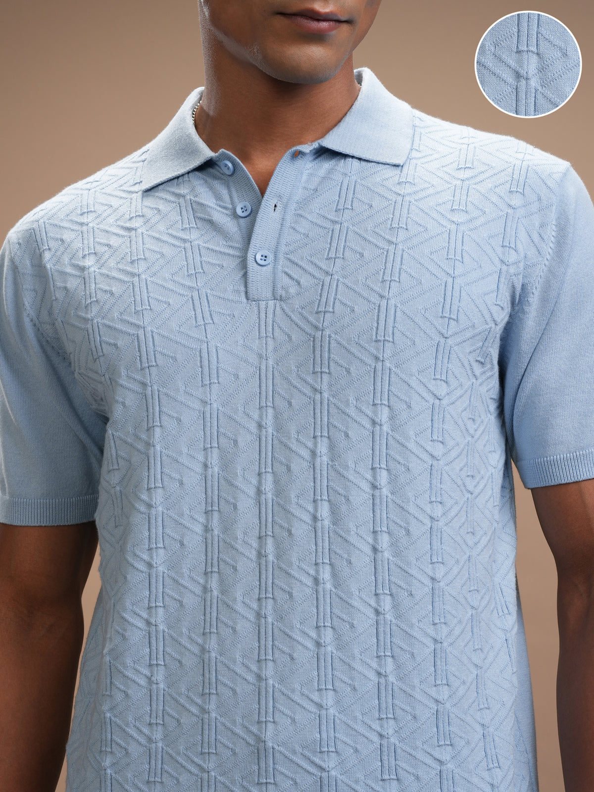 Highlander Men Blue Self Design Polo Collar T-Shirt - Blue - Image 5