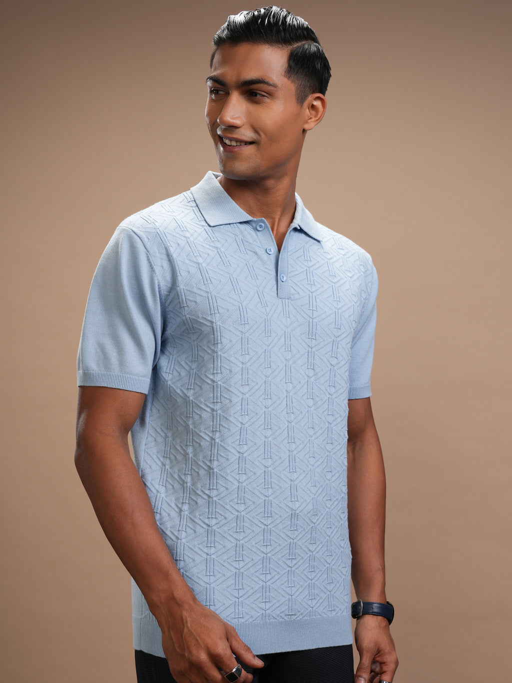 Highlander Men Blue Self Design Polo Collar T-Shirt - Blue - Image 6