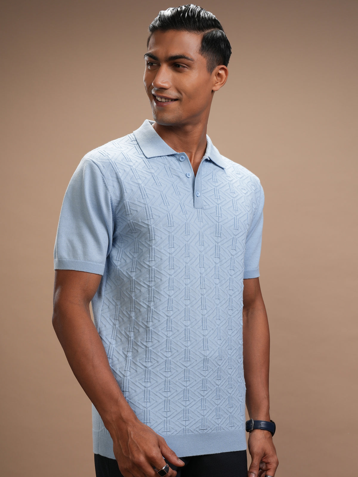 Highlander Men Blue Self Design Polo Collar T-Shirt - Blue - Image 6