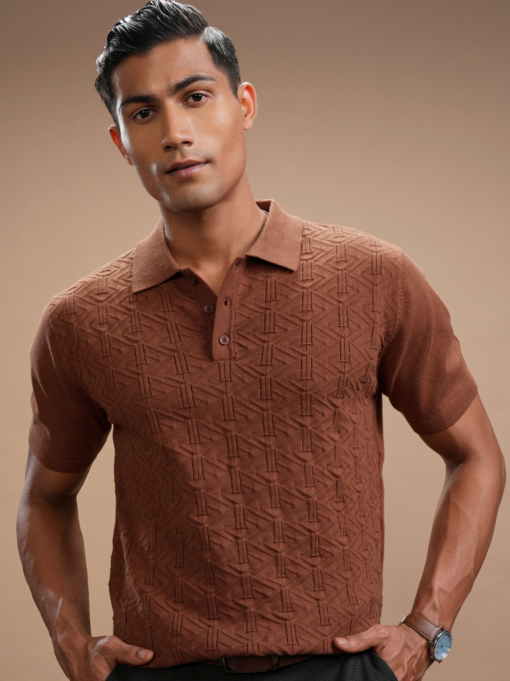 Highlander Men Brown Self Design Polo Collar T-Shirt - Brown - Image 1