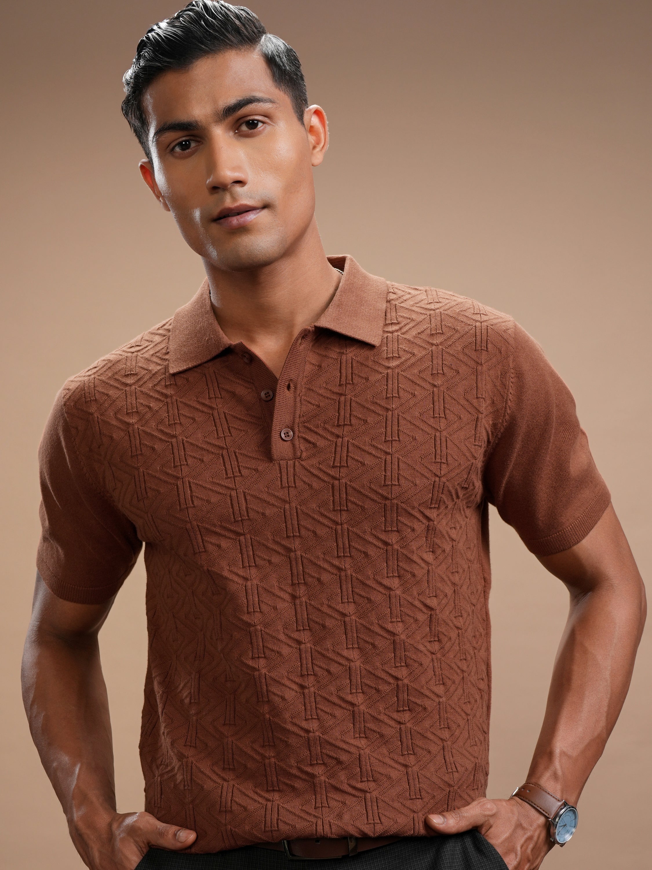 Highlander Men Brown Self Design Polo Collar T-Shirt - Brown - Image 1