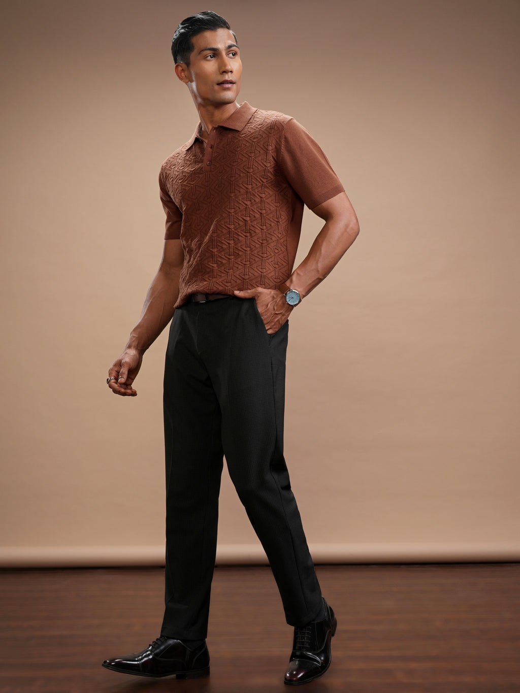 Highlander Men Brown Self Design Polo Collar T-Shirt - Brown - Image 2