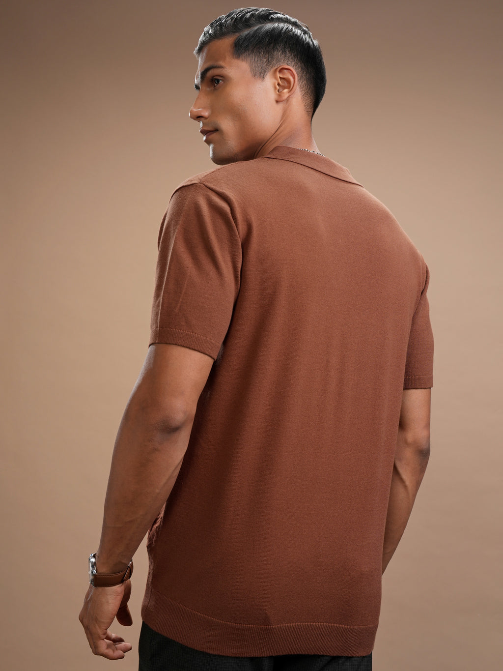 Highlander Men Brown Self Design Polo Collar T-Shirt - Brown - Image 3