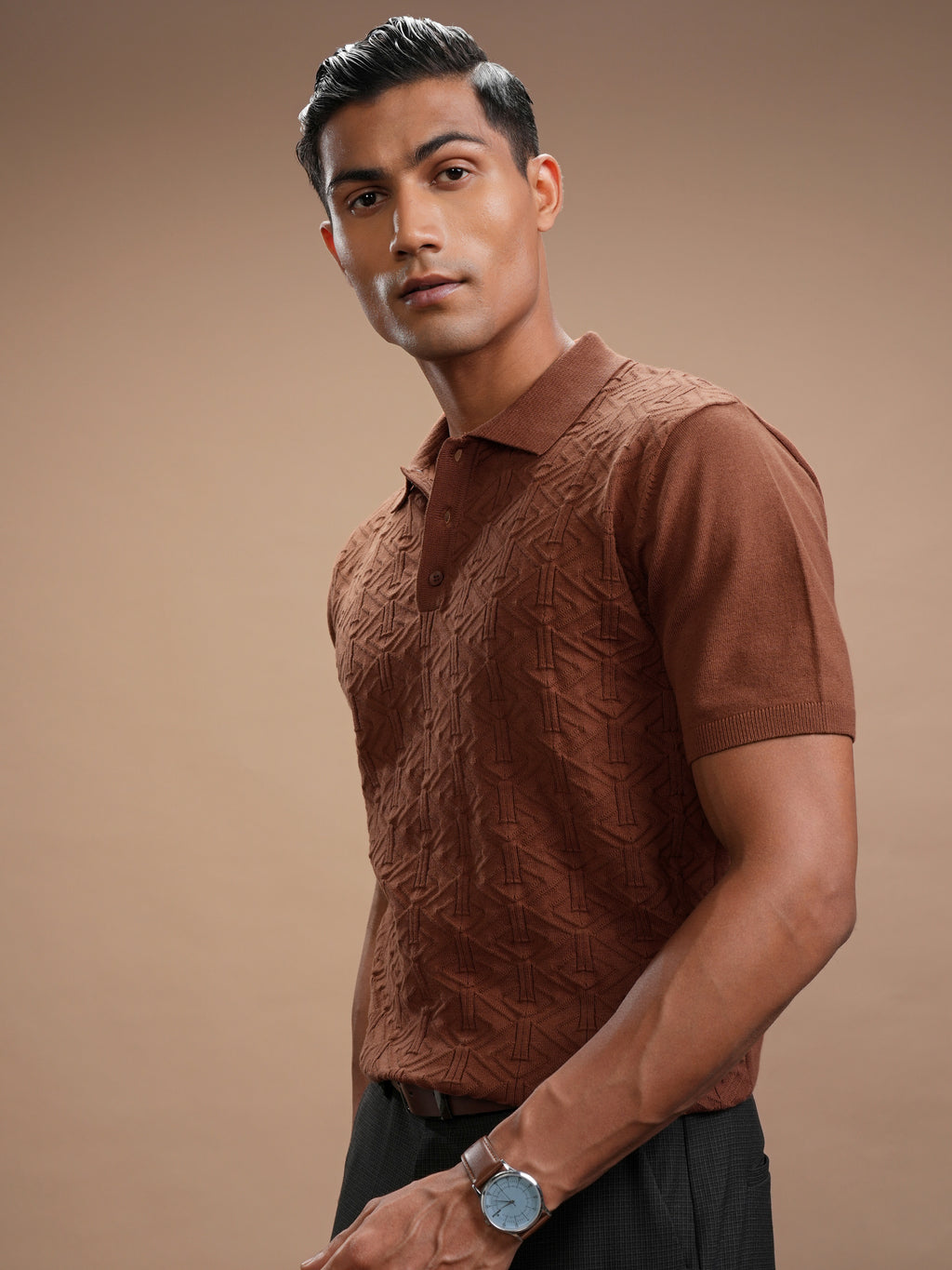 Highlander Men Brown Self Design Polo Collar T-Shirt - Brown - Image 4