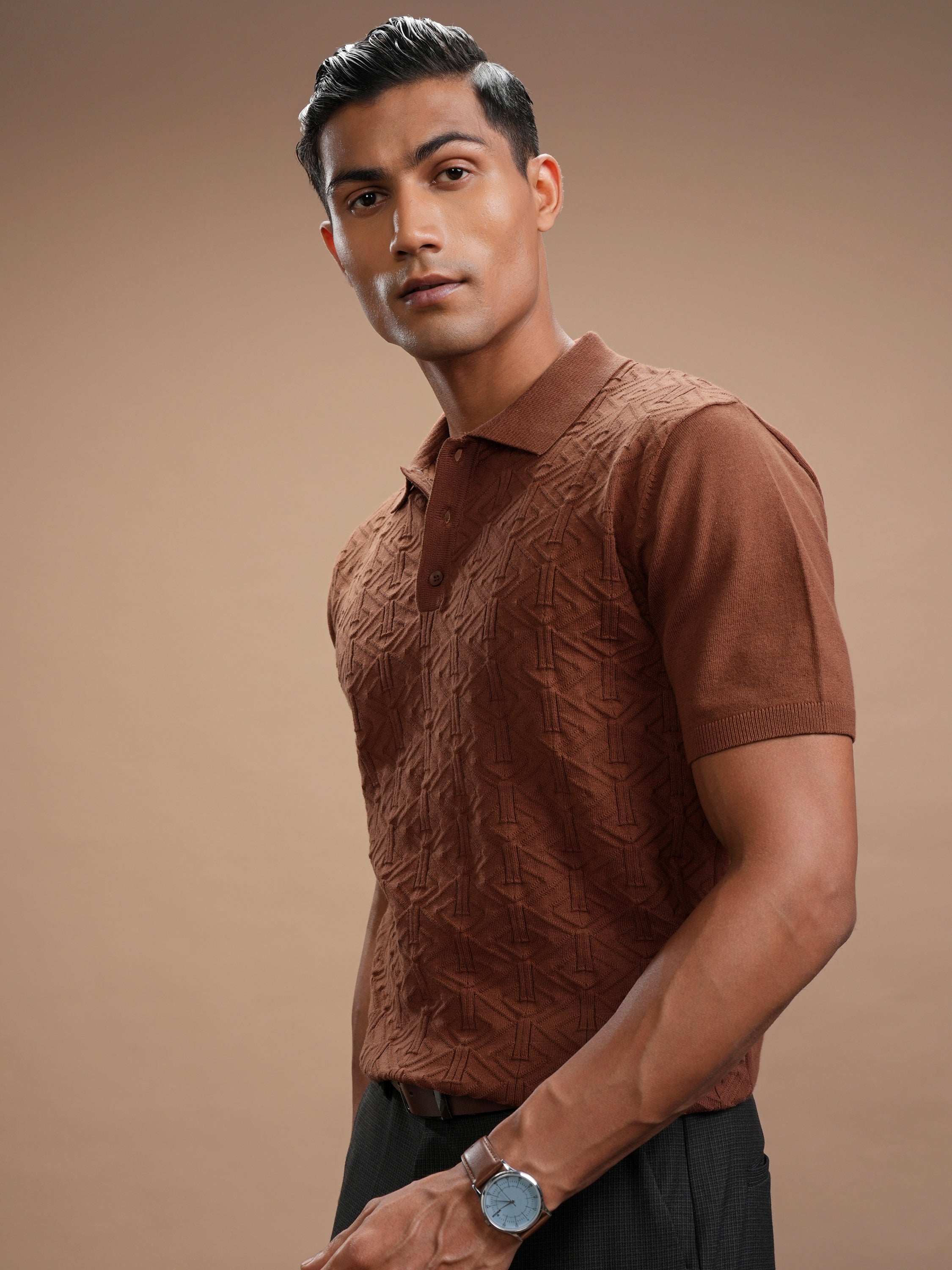 Highlander Men Brown Self Design Polo Collar T-Shirt - Brown - Image 4