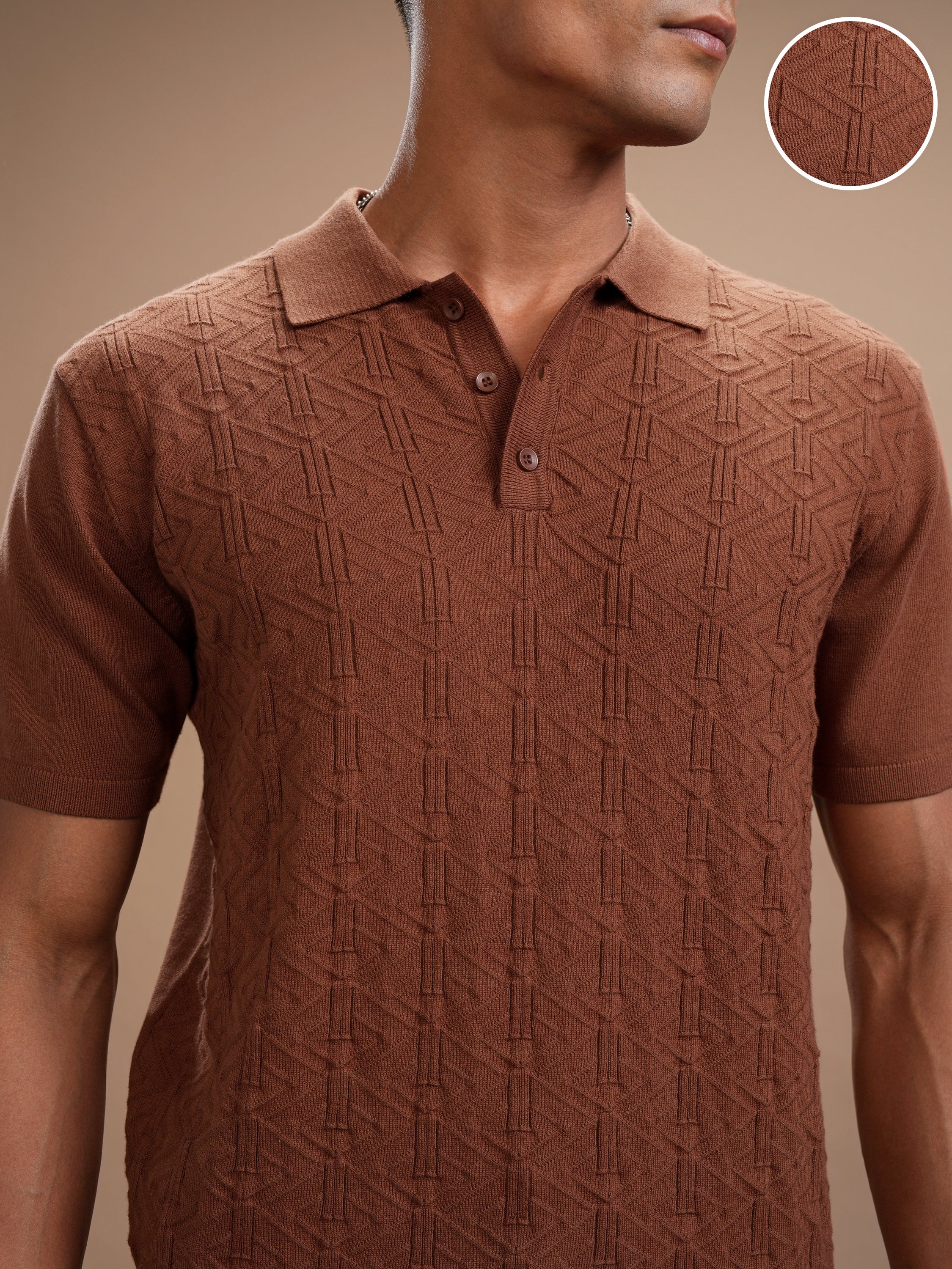 Highlander Men Brown Self Design Polo Collar T-Shirt - Brown - Image 5