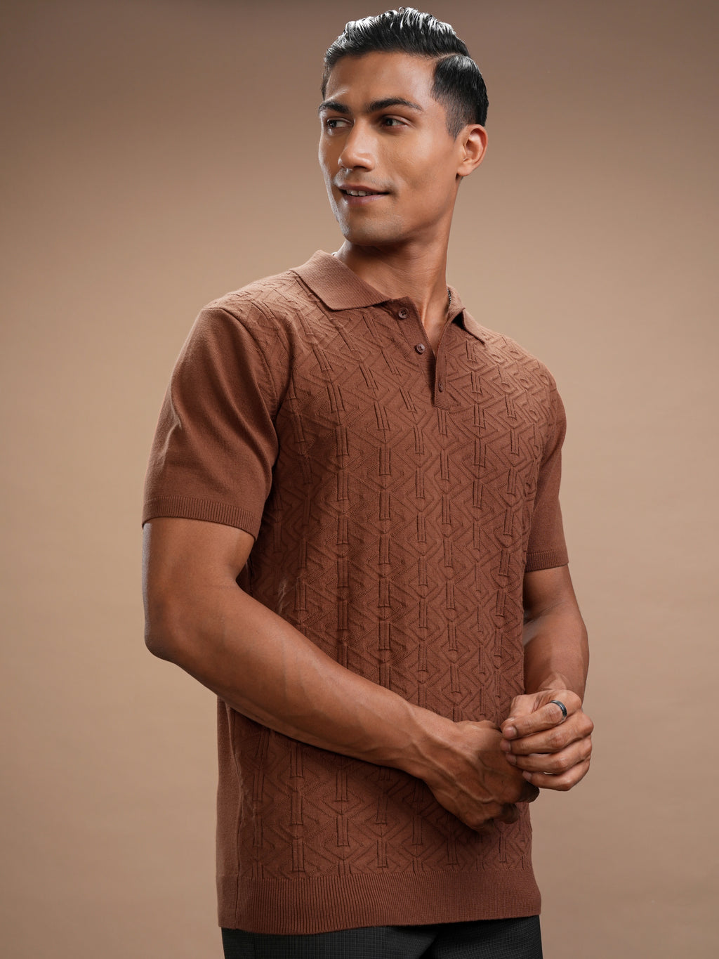Highlander Men Brown Self Design Polo Collar T-Shirt - Brown - Image 6