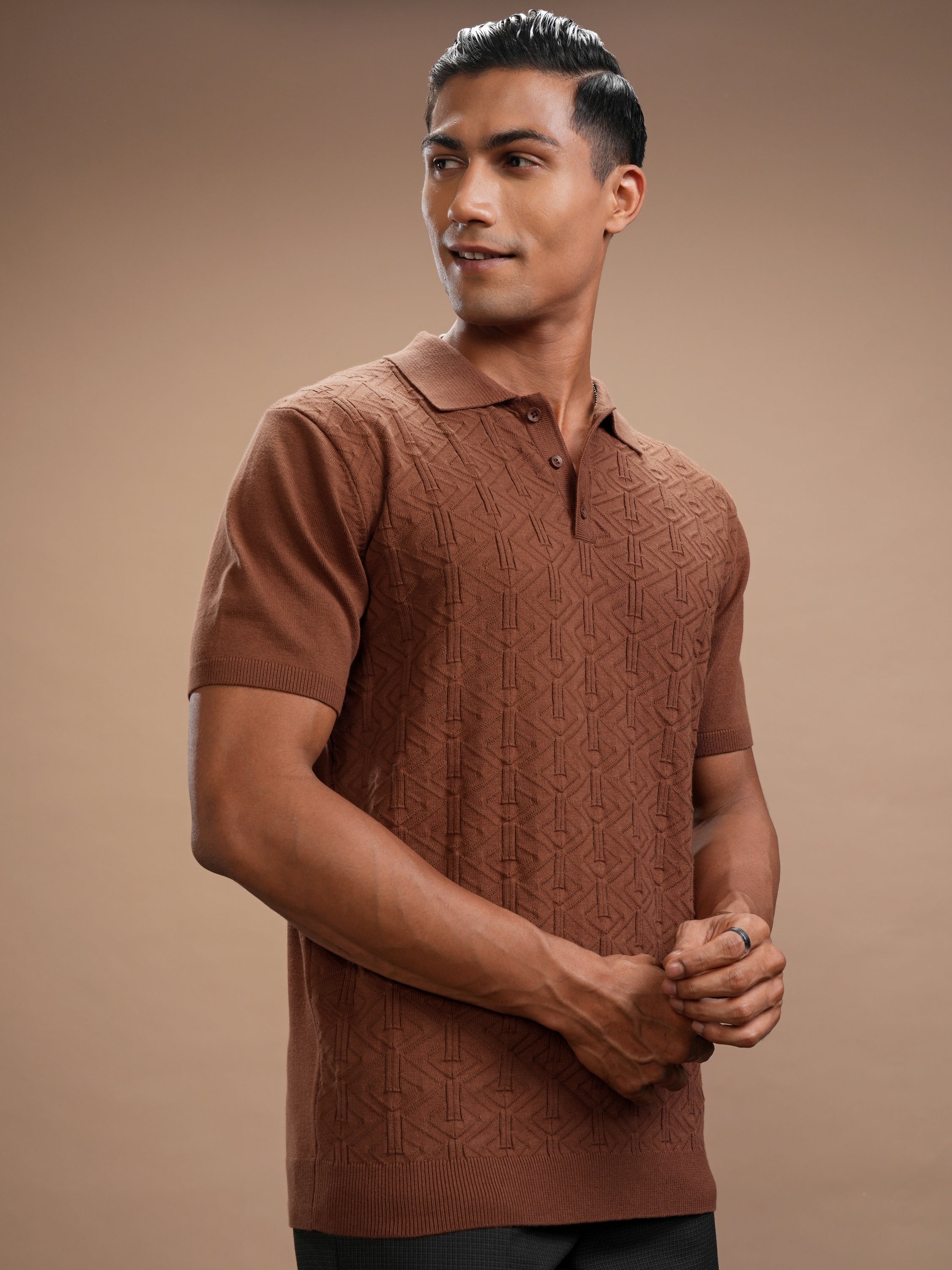 Highlander Men Brown Self Design Polo Collar T-Shirt - Brown - Image 6