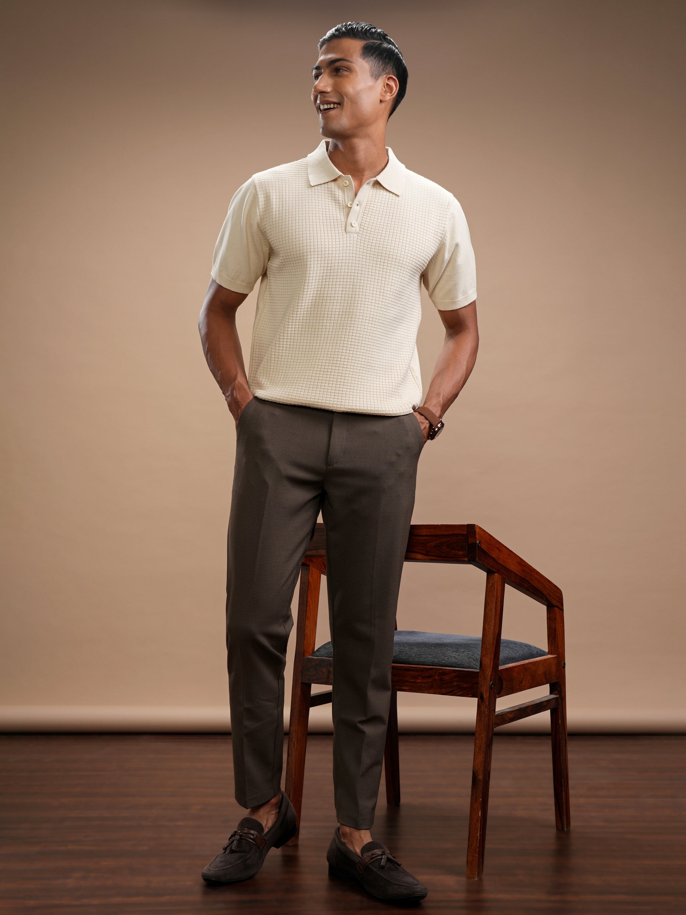 Highlander Men Beige Self Design Polo Collar Regular Fit T-Shirt - Beige - Image 2