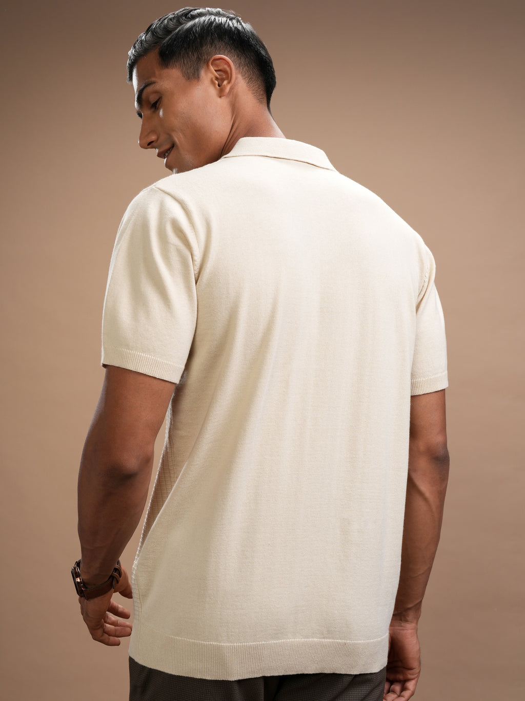 Highlander Men Beige Self Design Polo Collar Regular Fit T-Shirt - Beige - Image 3