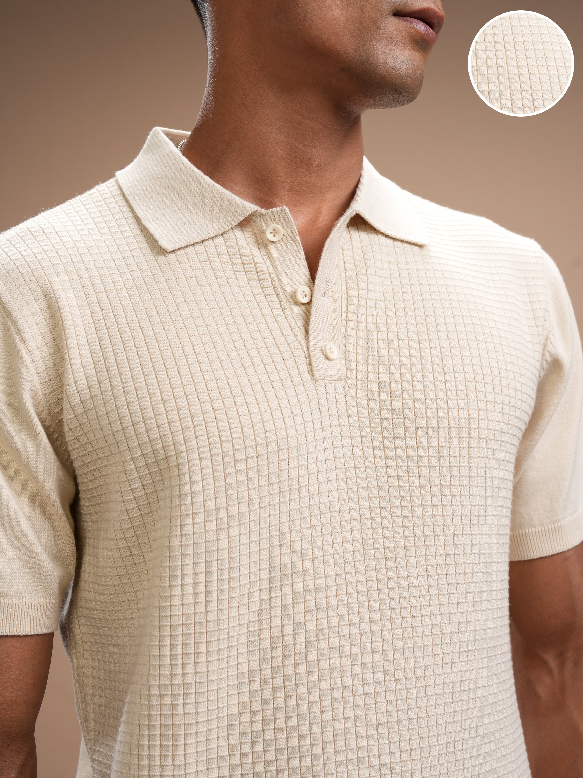 Highlander Men Beige Self Design Polo Collar Regular Fit T-Shirt - Beige - Image 5
