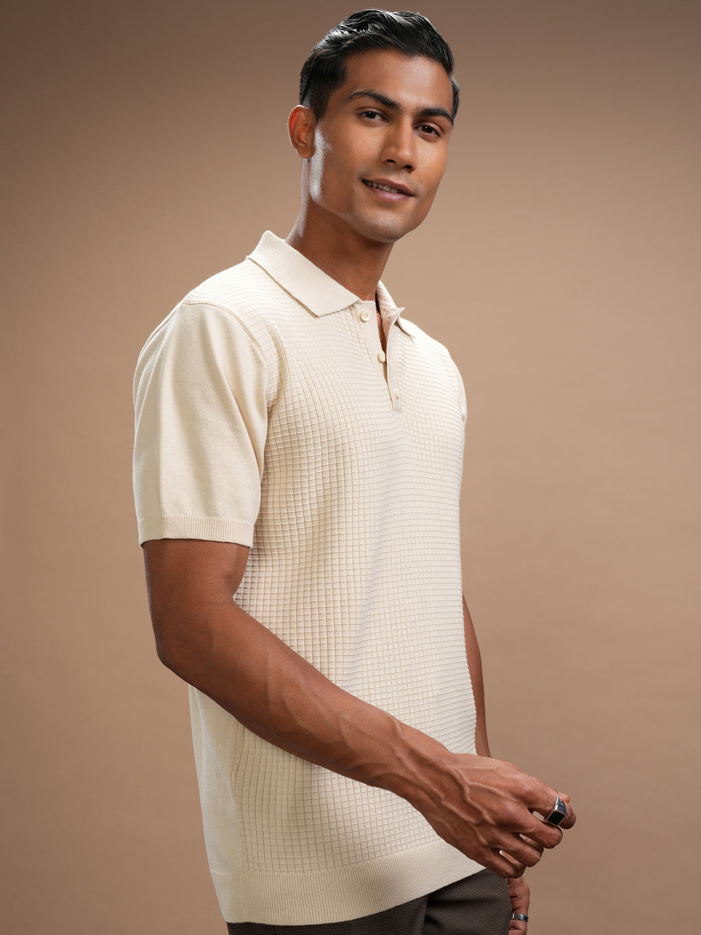 Highlander Men Beige Self Design Polo Collar Regular Fit T-Shirt - Beige - Image 6