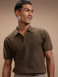 Highlander Men Brown Self Design Polo Collar Regular Fit T-Shirt - Brown - Image 1