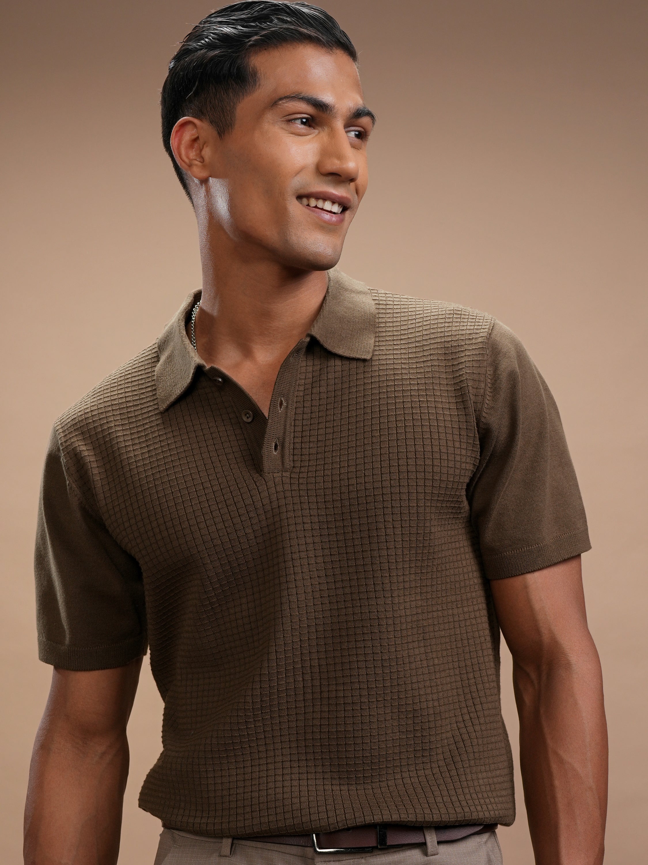 Highlander Men Brown Self Design Polo Collar Regular Fit T-Shirt - Brown - Image 1
