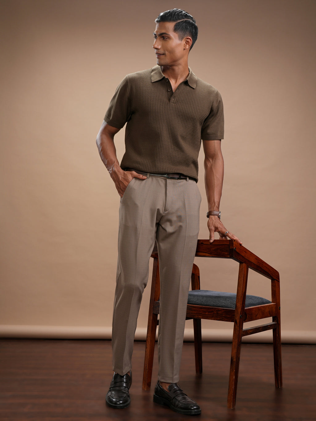Highlander Men Brown Self Design Polo Collar Regular Fit T-Shirt - Brown - Image 2