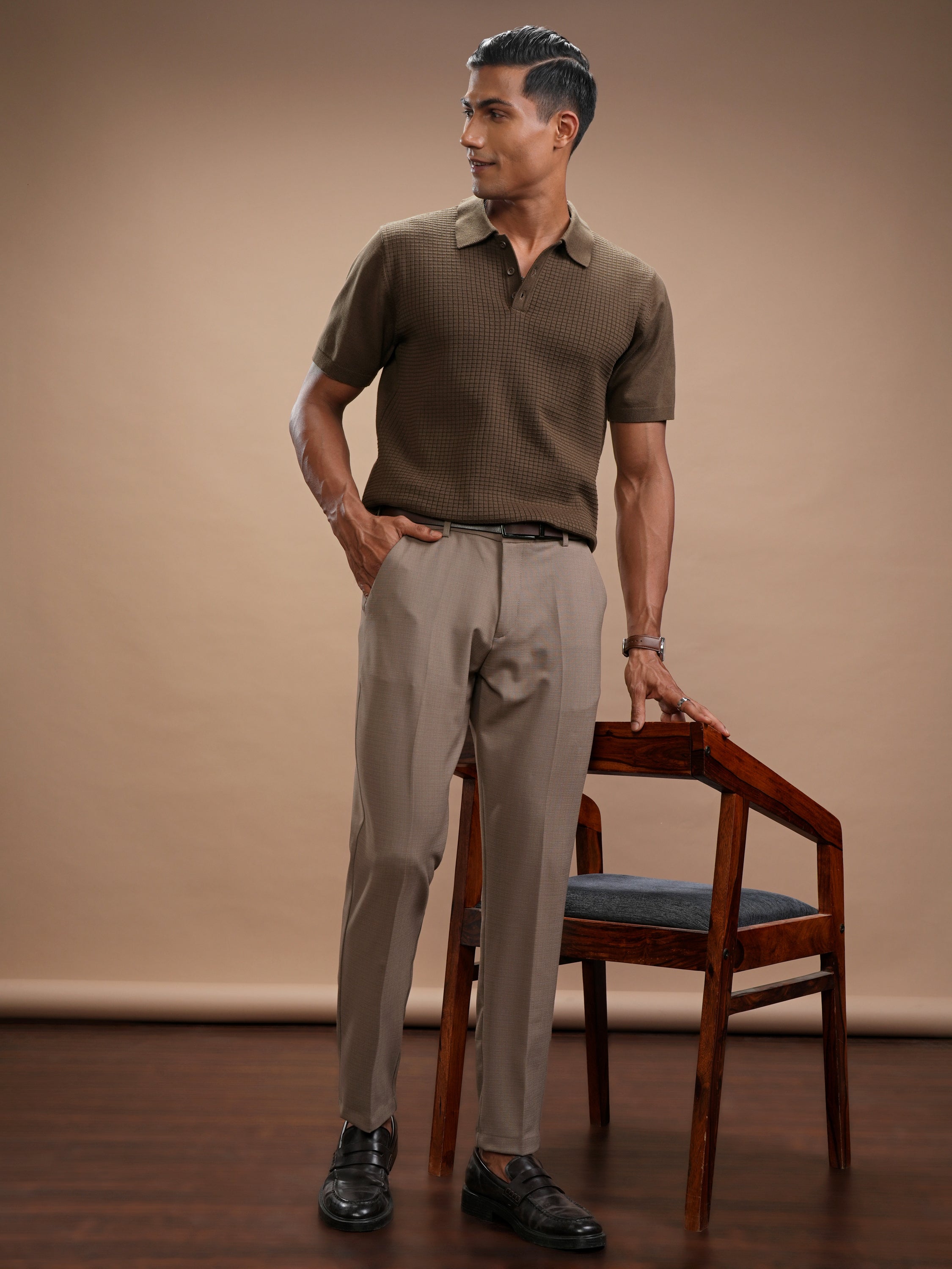 Highlander Men Brown Self Design Polo Collar Regular Fit T-Shirt - Brown - Image 2