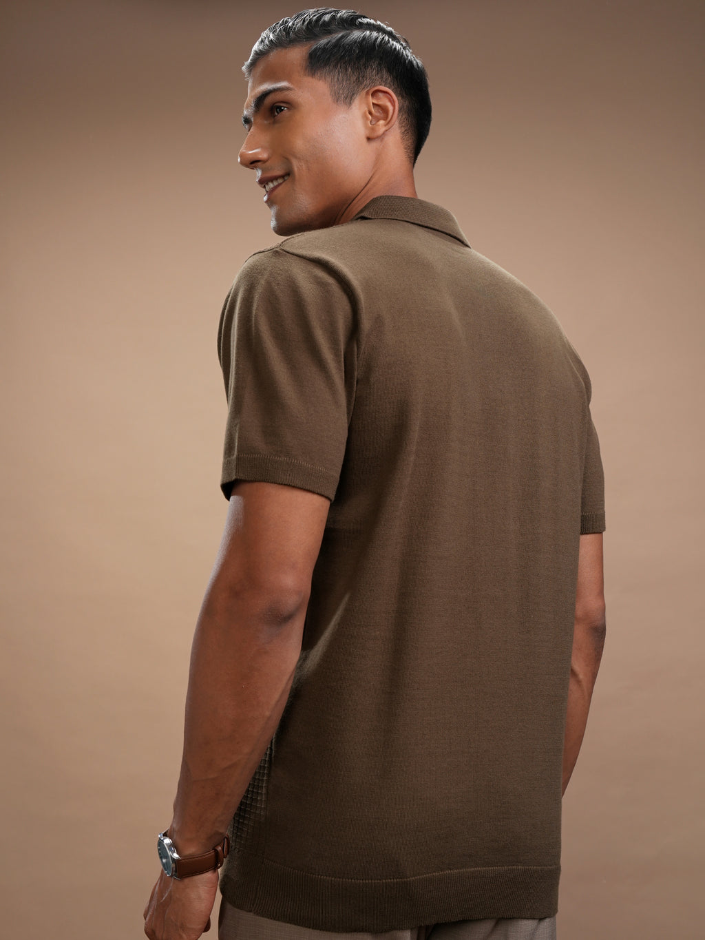 Highlander Men Brown Self Design Polo Collar Regular Fit T-Shirt - Brown - Image 3