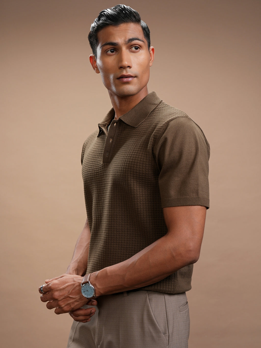 Highlander Men Brown Self Design Polo Collar Regular Fit T-Shirt - Brown - Image 4