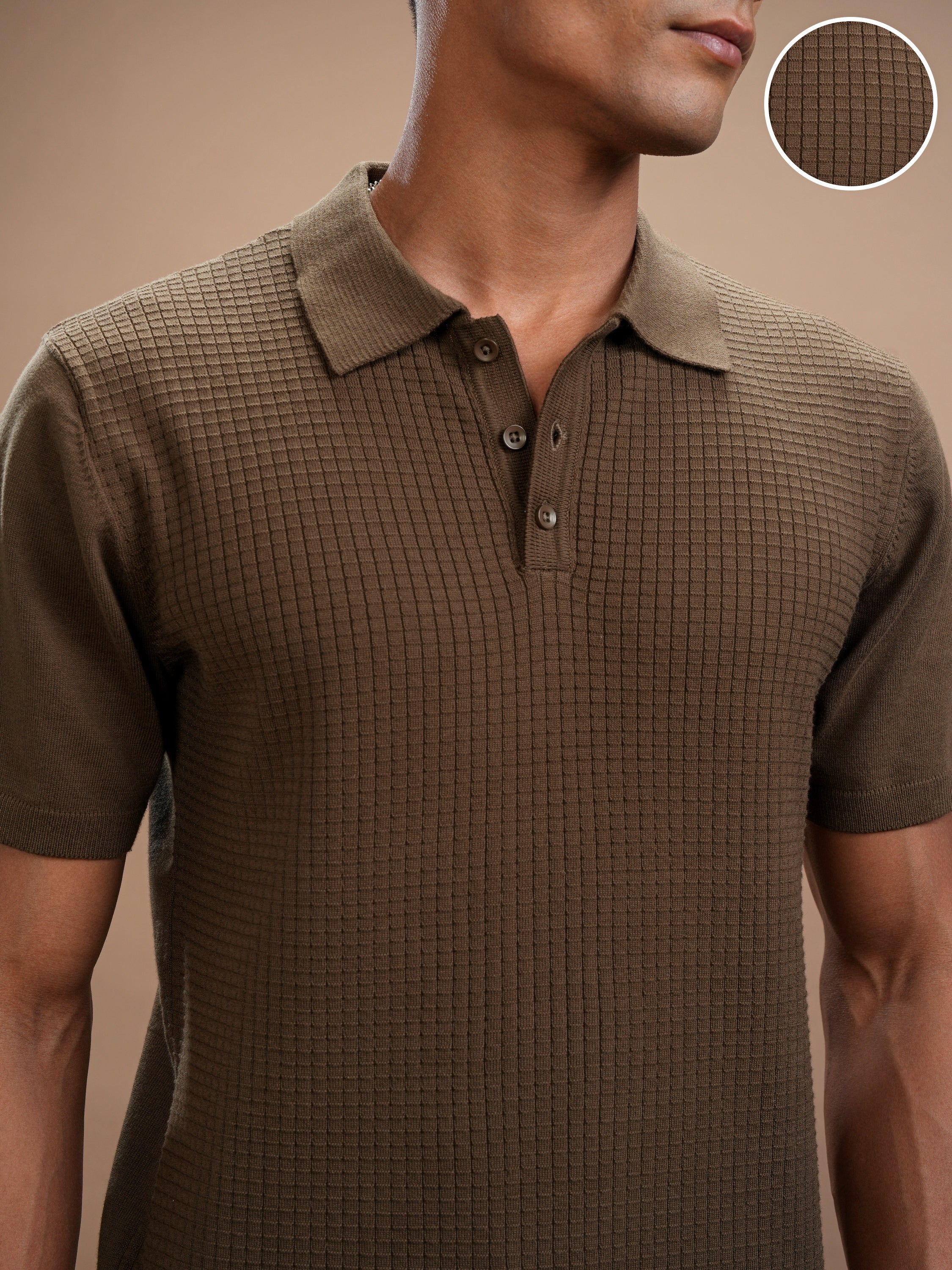 Highlander Men Brown Self Design Polo Collar Regular Fit T-Shirt - Brown - Image 5