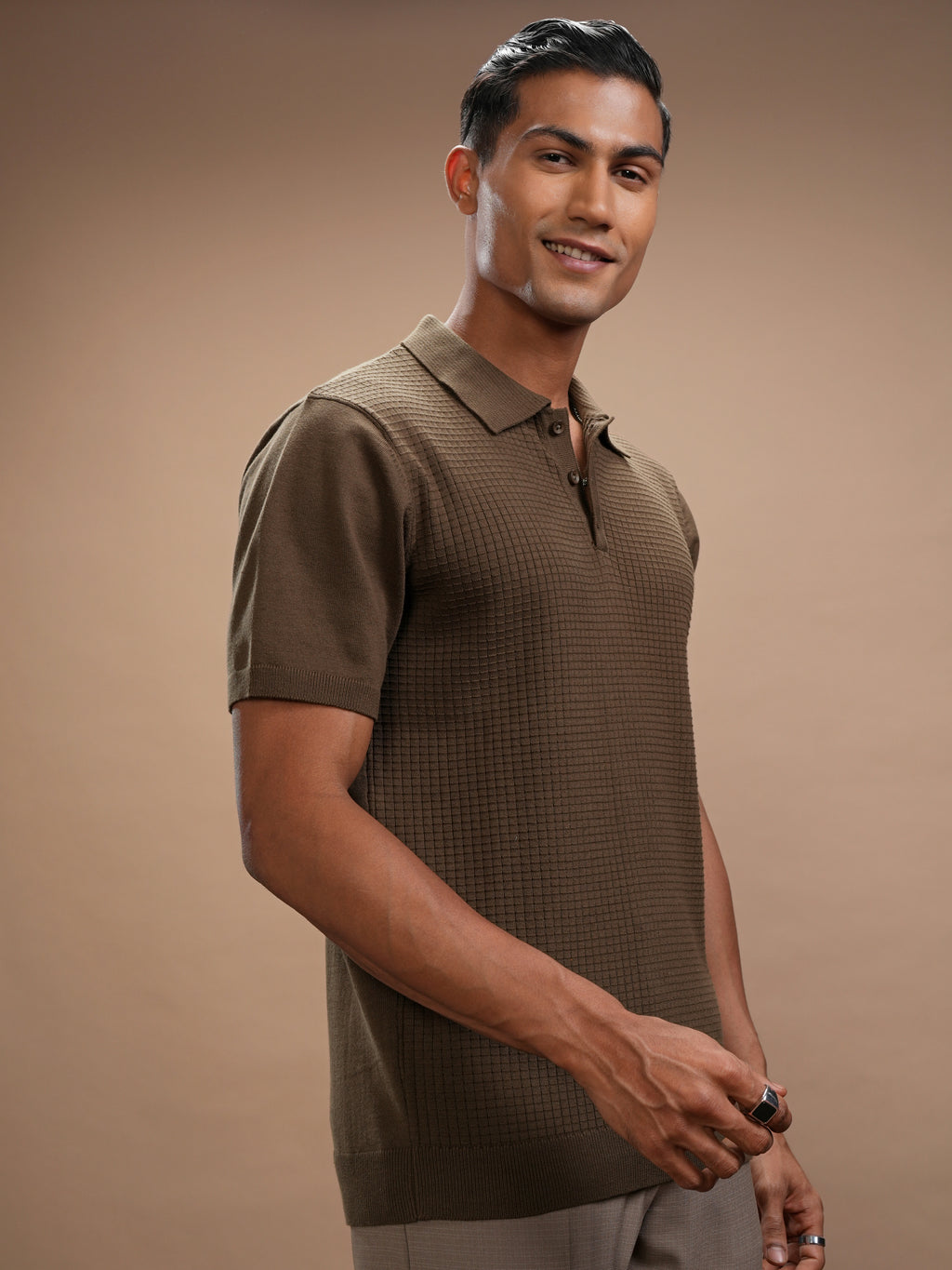 Highlander Men Brown Self Design Polo Collar Regular Fit T-Shirt - Brown - Image 6