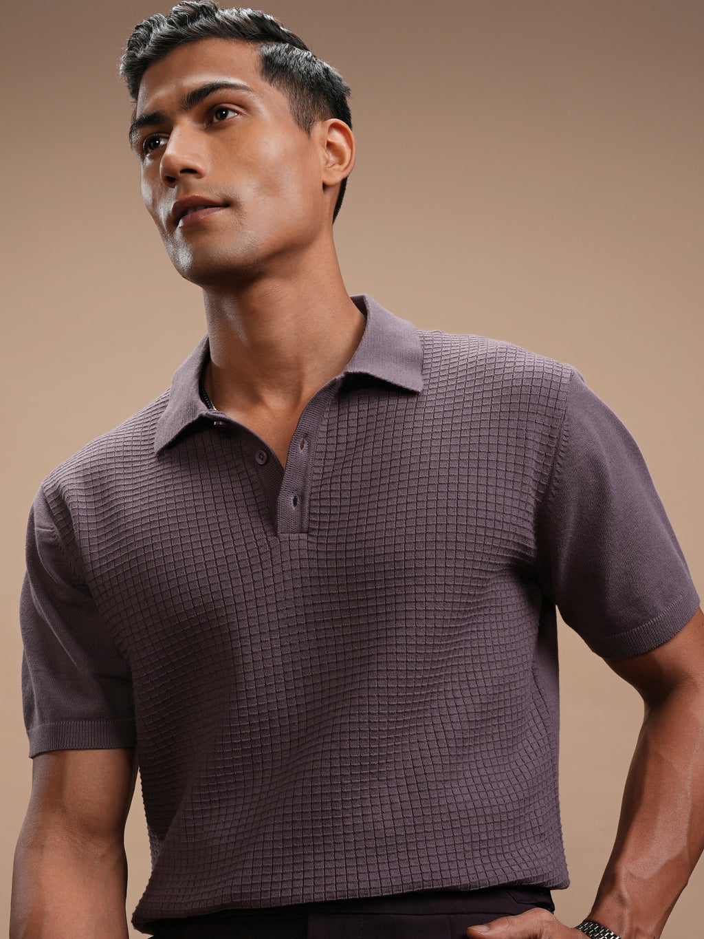Highlander Men Lavender Self Design Polo Collar Regular Fit T-Shirt - Lavender - Image 1